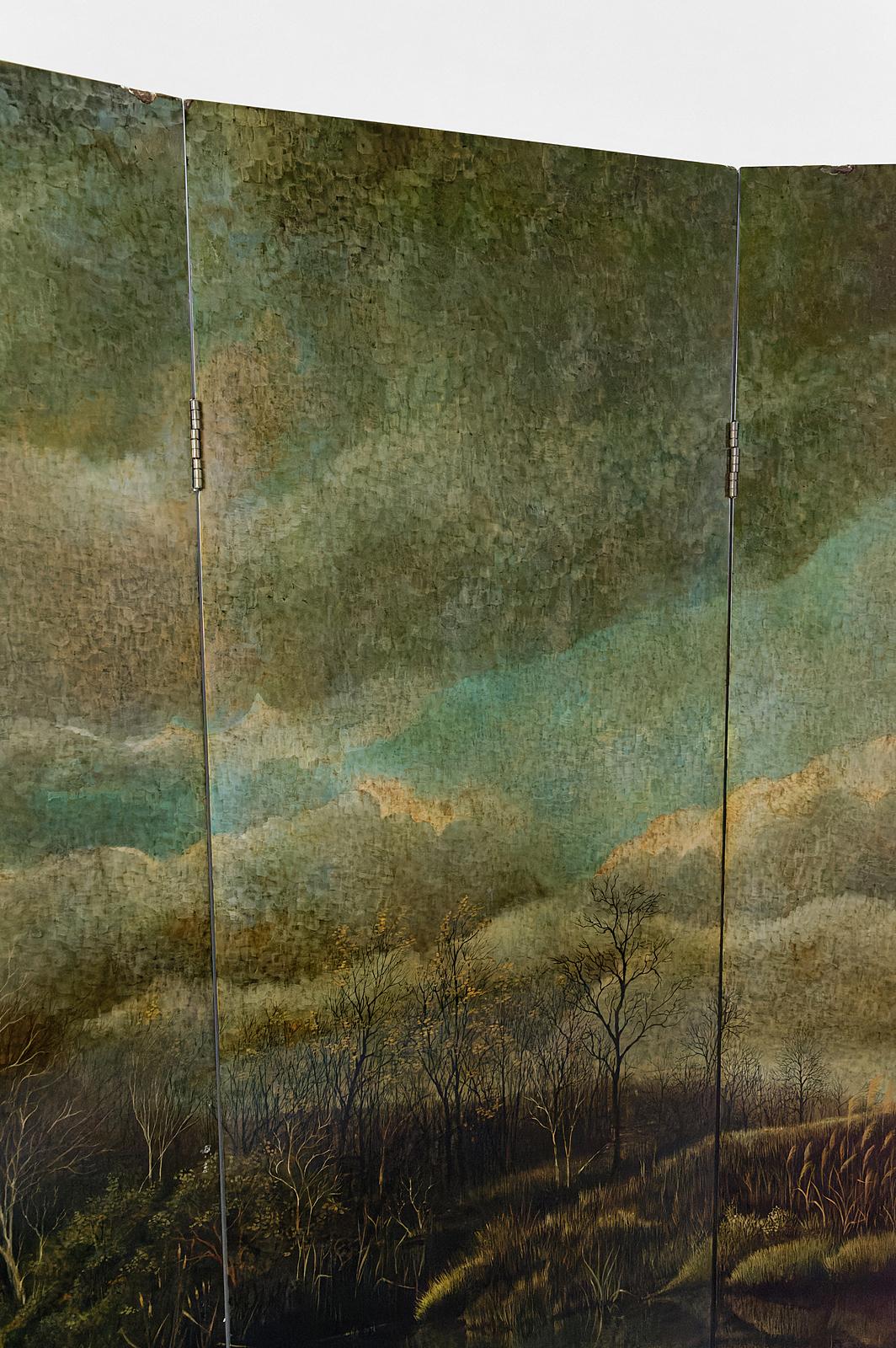 4-Leaf Screen with Lacquered Landscape by Bernard Cuenin, circa 1970 For Sale 7