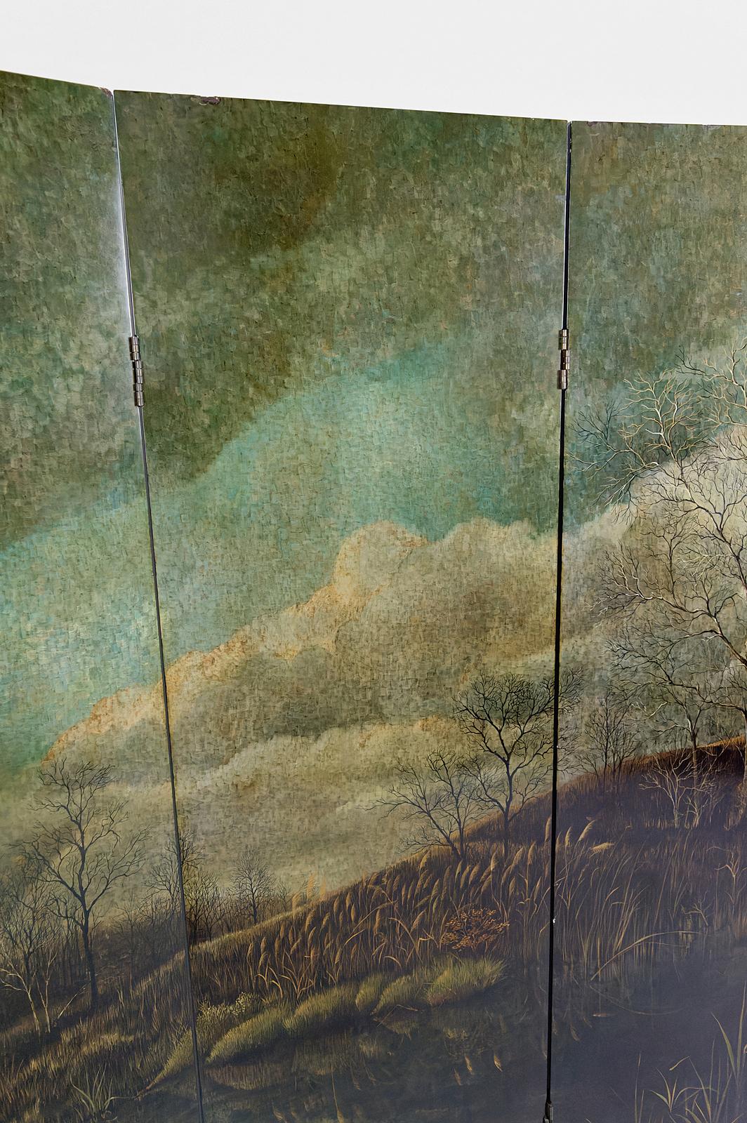 4-Leaf Screen with Lacquered Landscape by Bernard Cuenin, circa 1970 For Sale 8