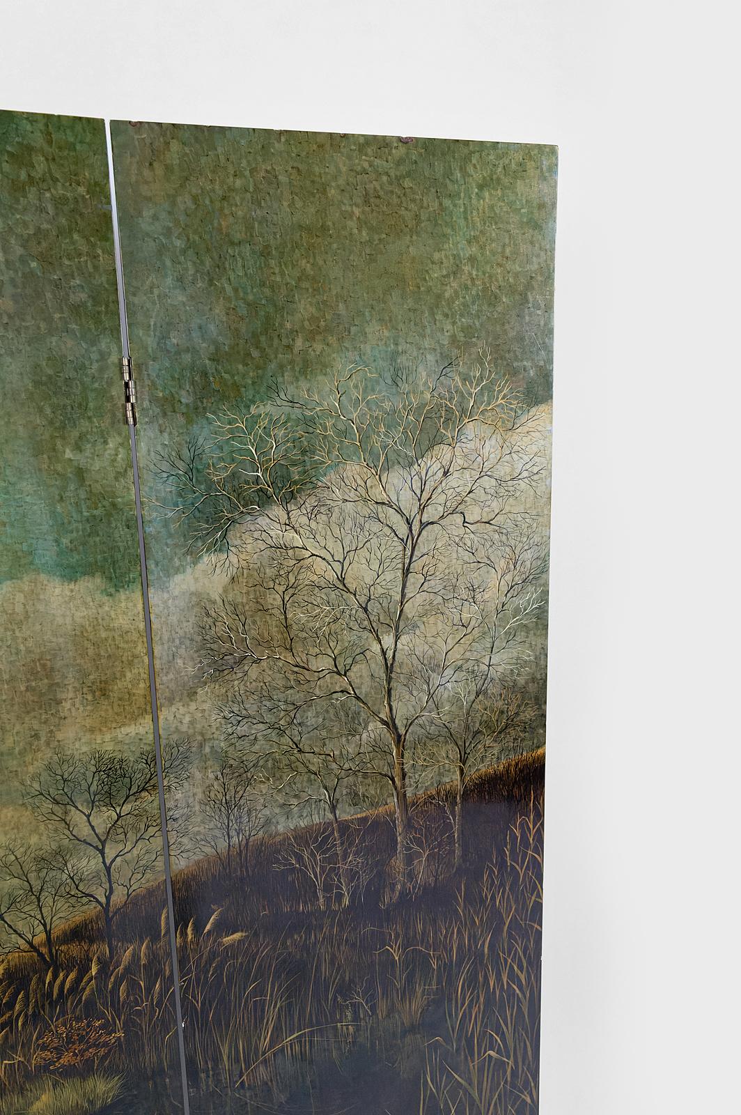 4-Leaf Screen with Lacquered Landscape by Bernard Cuenin, circa 1970 For Sale 9