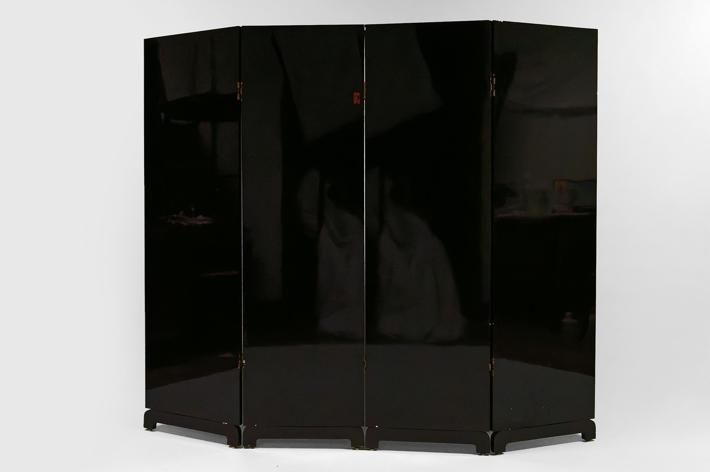 4-Leaf Screen with Lacquered Landscape by Bernard Cuenin, circa 1970 For Sale 11