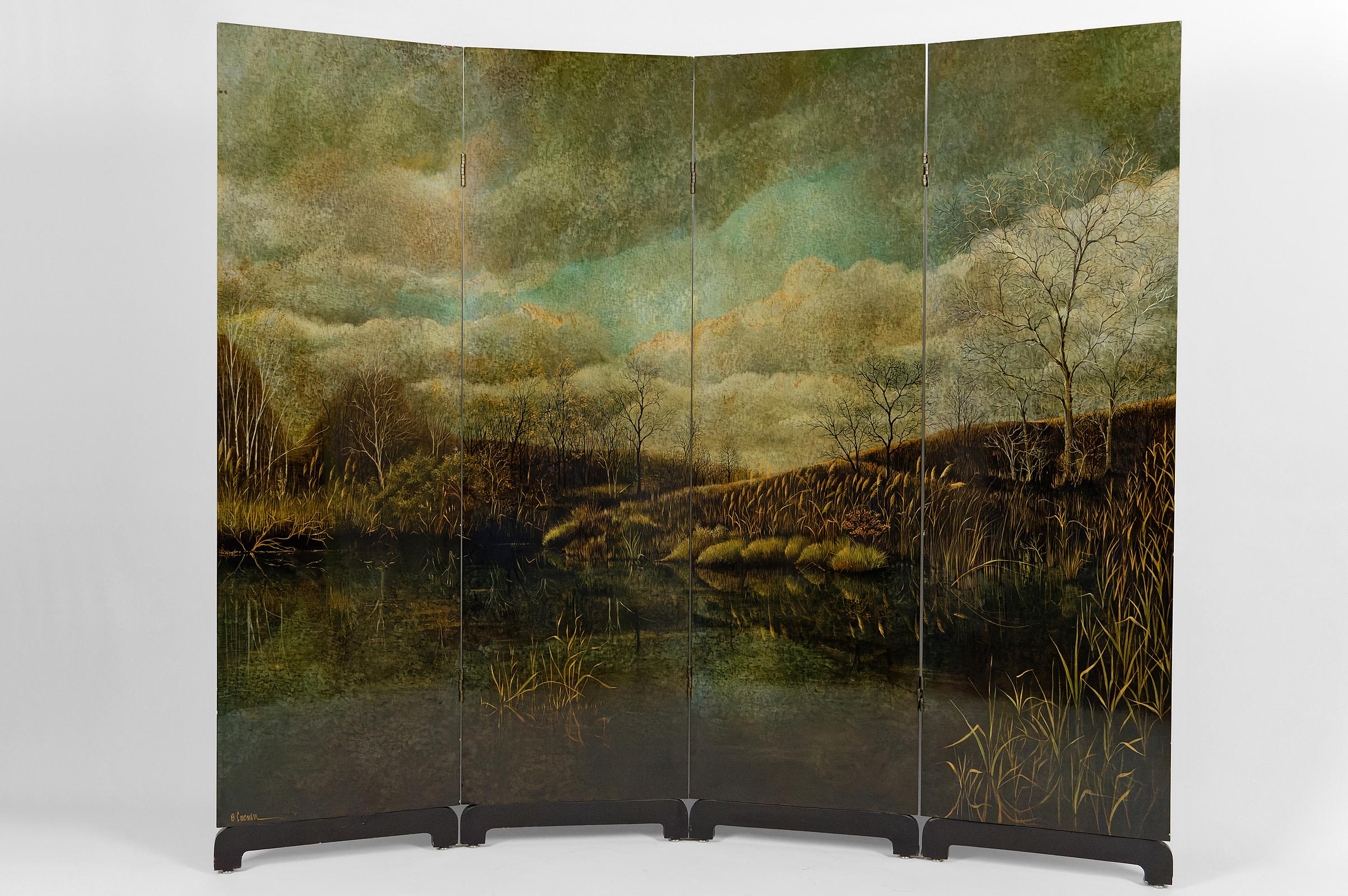 Amazing folding screen with 4 leaves / panels in lacquered and painted wood.
The painting represents a winter lake landscape: we see the shore of a marshy pond, covered with various vegetation (trees, reeds, ferns) under a cloudy sky.

Very good