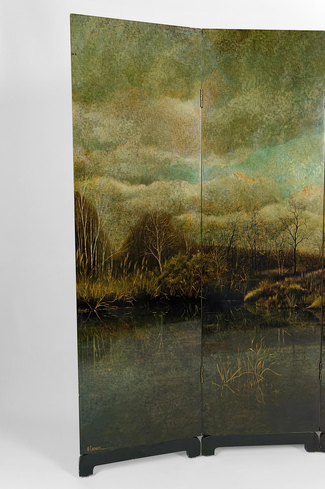 Mid-Century Modern 4-Leaf Screen with Lacquered Landscape by Bernard Cuenin, circa 1970 For Sale