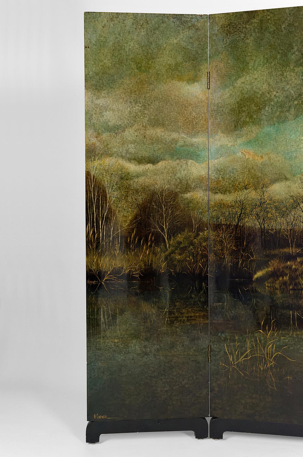 French 4-Leaf Screen with Lacquered Landscape by Bernard Cuenin, circa 1970 For Sale