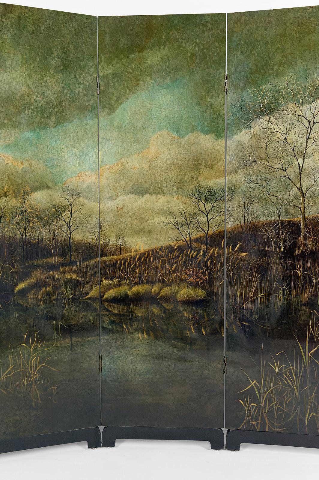 Late 20th Century 4-Leaf Screen with Lacquered Landscape by Bernard Cuenin, circa 1970 For Sale