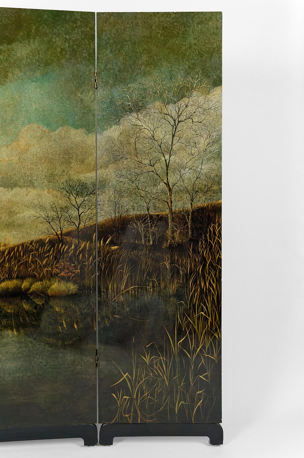 Wood 4-Leaf Screen with Lacquered Landscape by Bernard Cuenin, circa 1970 For Sale