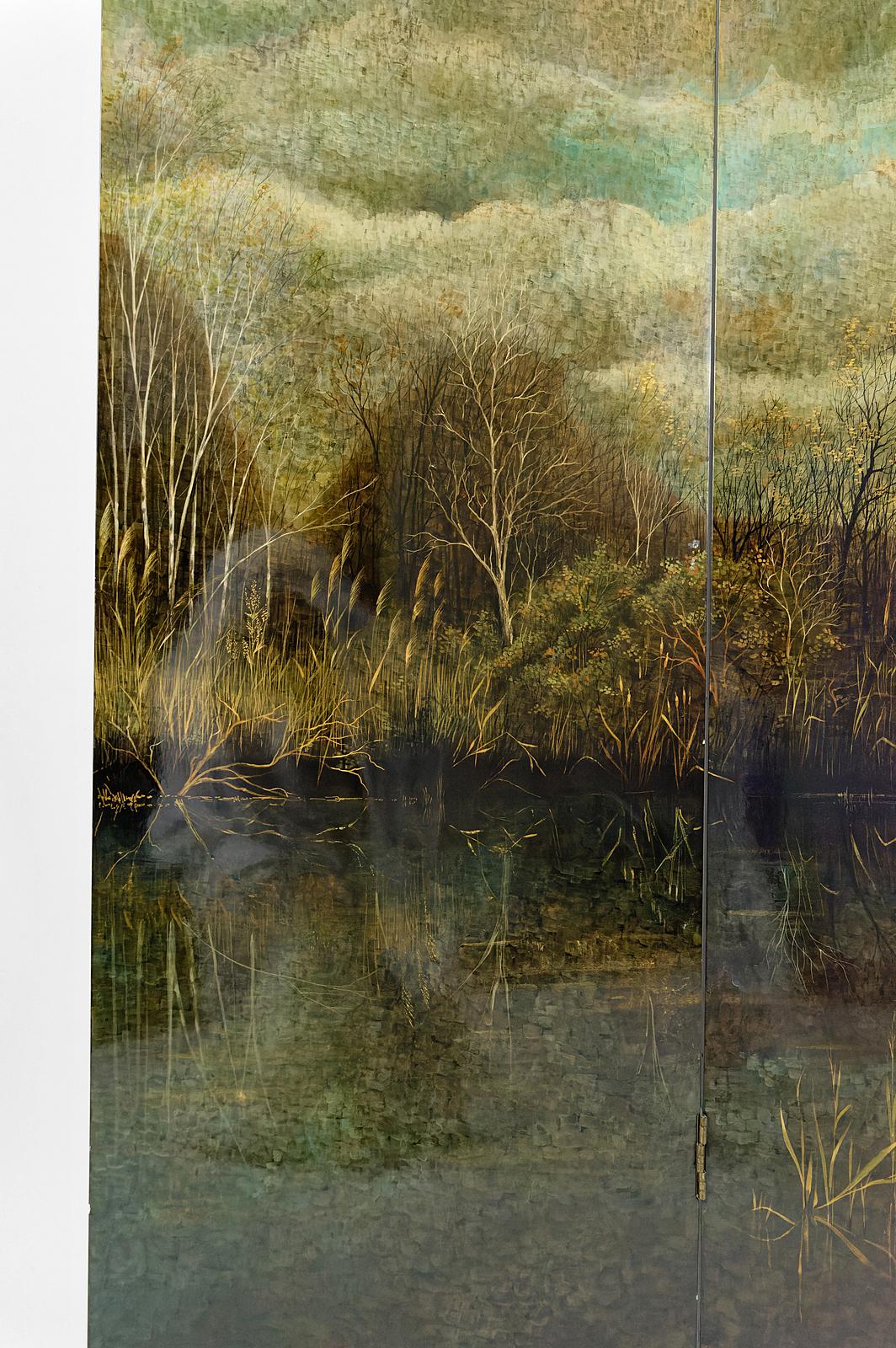 4-Leaf Screen with Lacquered Landscape by Bernard Cuenin, circa 1970 For Sale 1