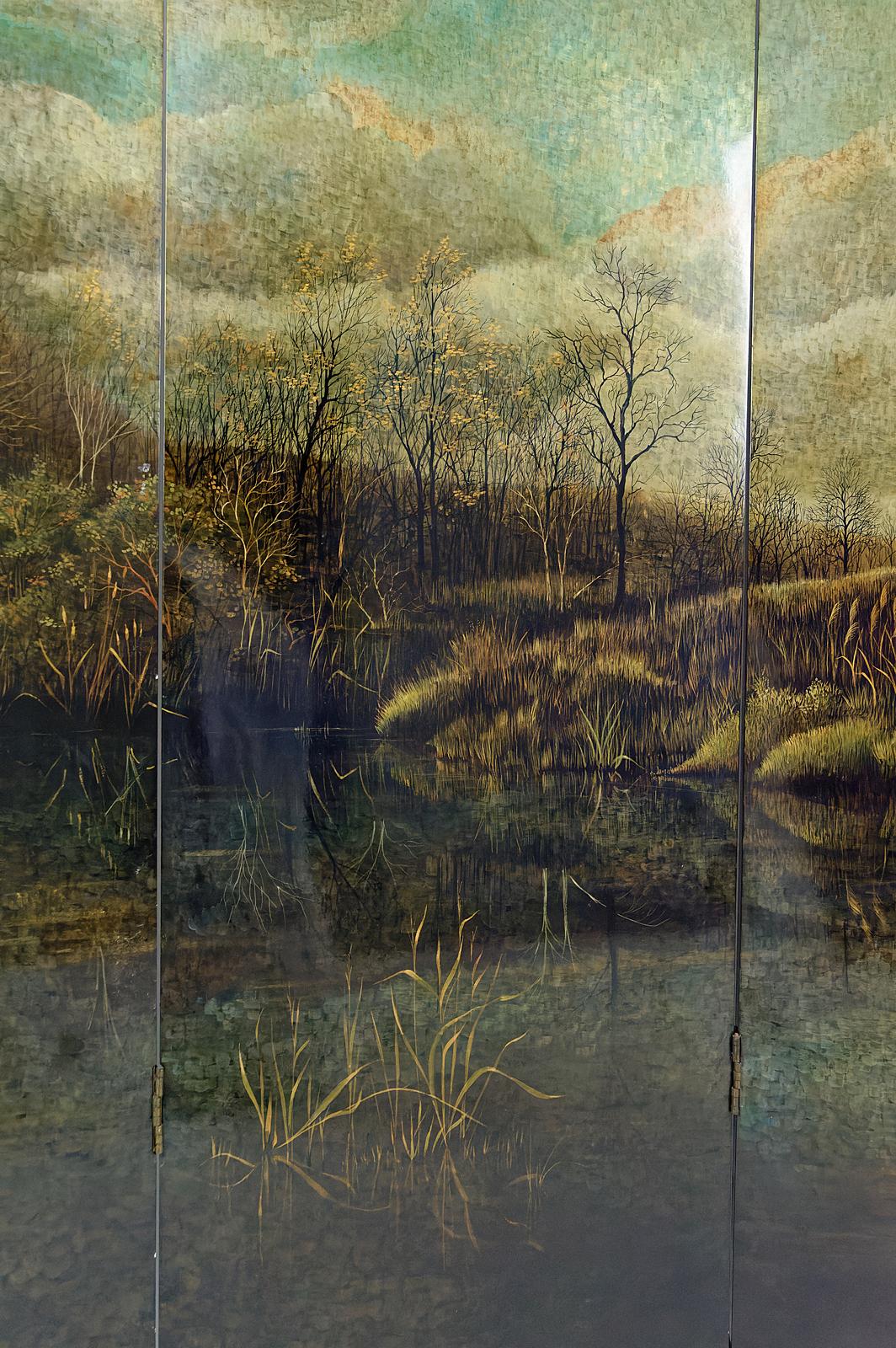 4-Leaf Screen with Lacquered Landscape by Bernard Cuenin, circa 1970 For Sale 2