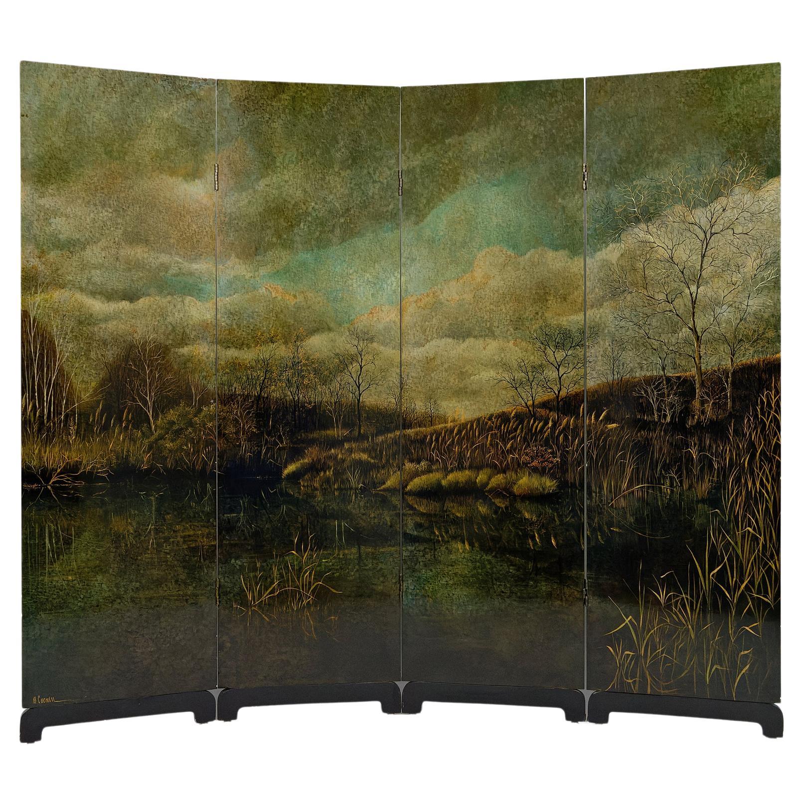 4-Leaf Screen with Lacquered Landscape by Bernard Cuenin, circa 1970