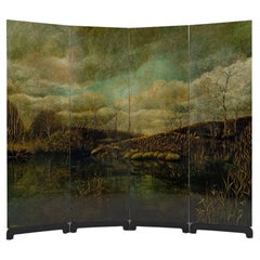 4-Leaf Screen with Lacquered Landscape by Bernard Cuenin, circa 1970