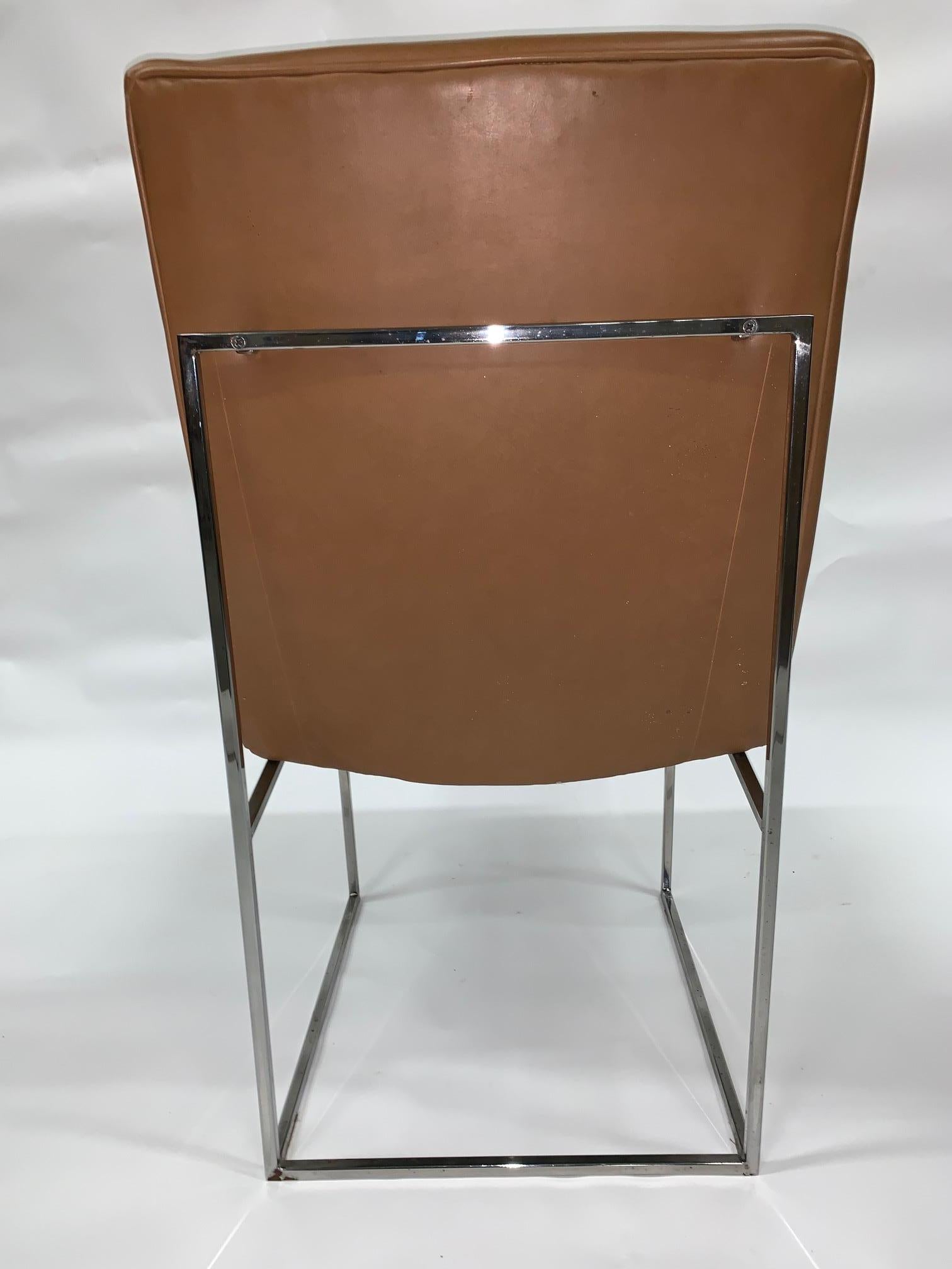 Awesome set of 4 thin frame Milo Baughman dining chairs, Classic thin square chrome frame. Original leather upholstered fabric.