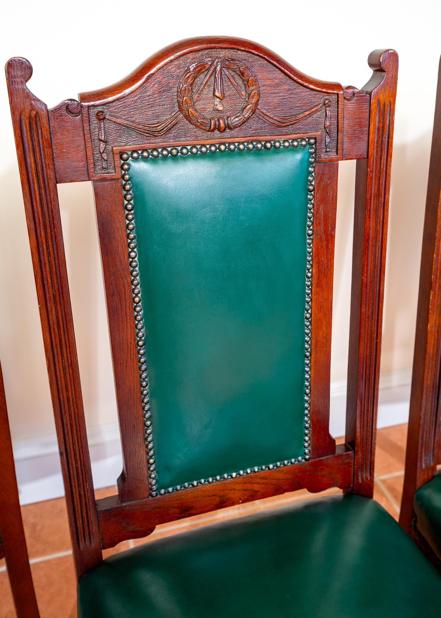 4 Chaises de salle à manger en cuir Oak Country House Regency Style Racing Green Baronial en vente 6