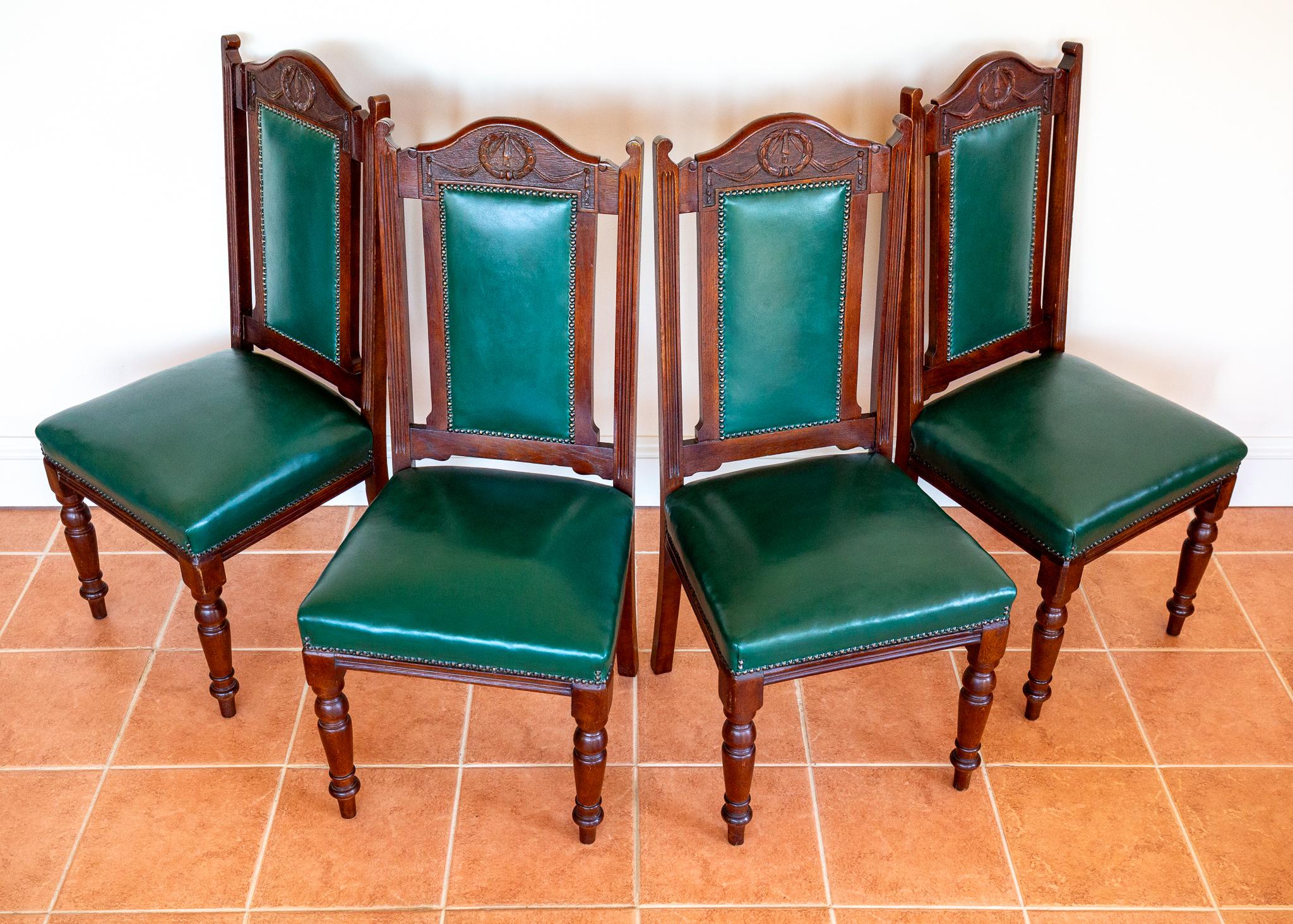 4 Chaises de salle à manger en cuir Oak Country House Regency Style Racing Green Baronial en vente 1