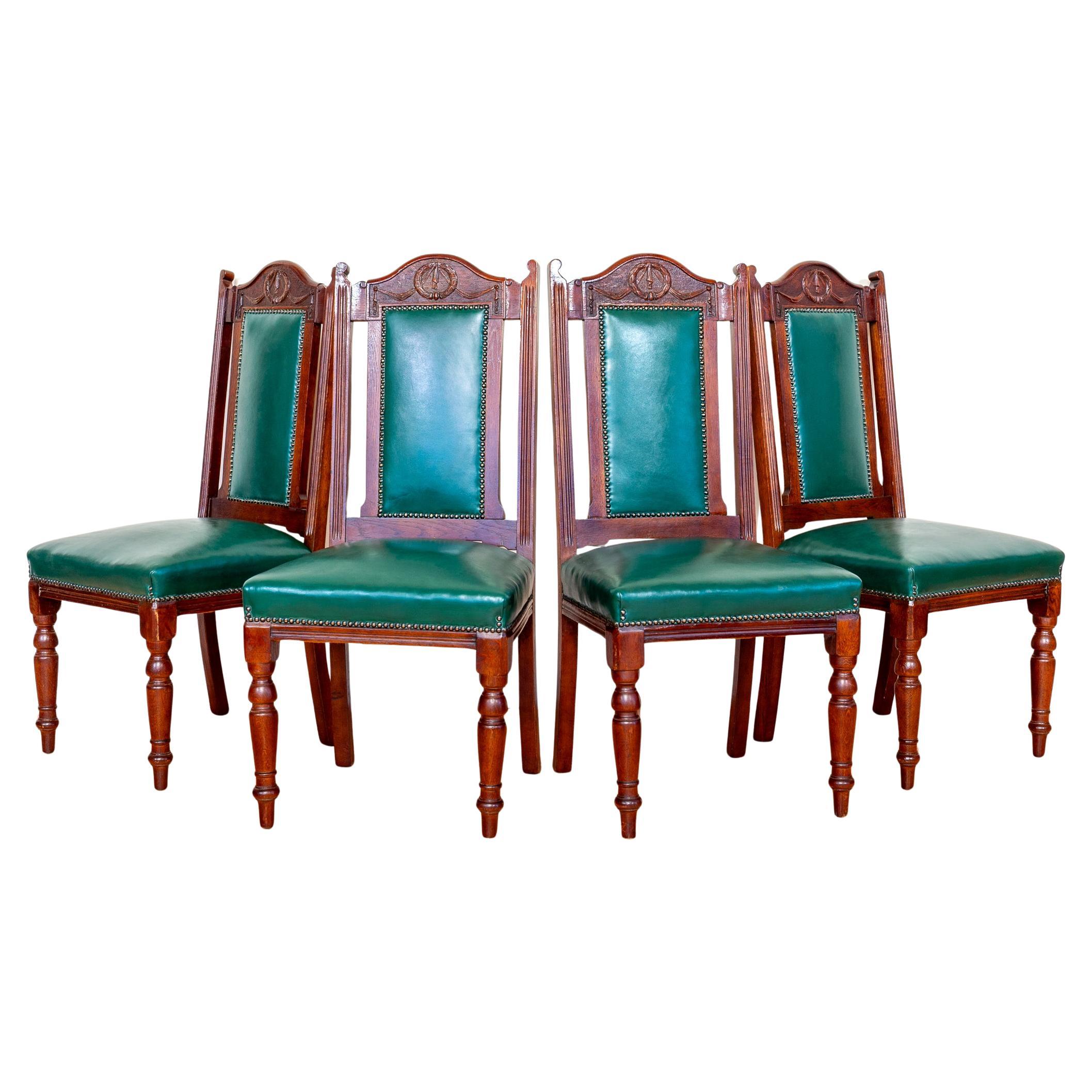 4 Chaises de salle à manger en cuir Oak Country House Regency Style Racing Green Baronial en vente