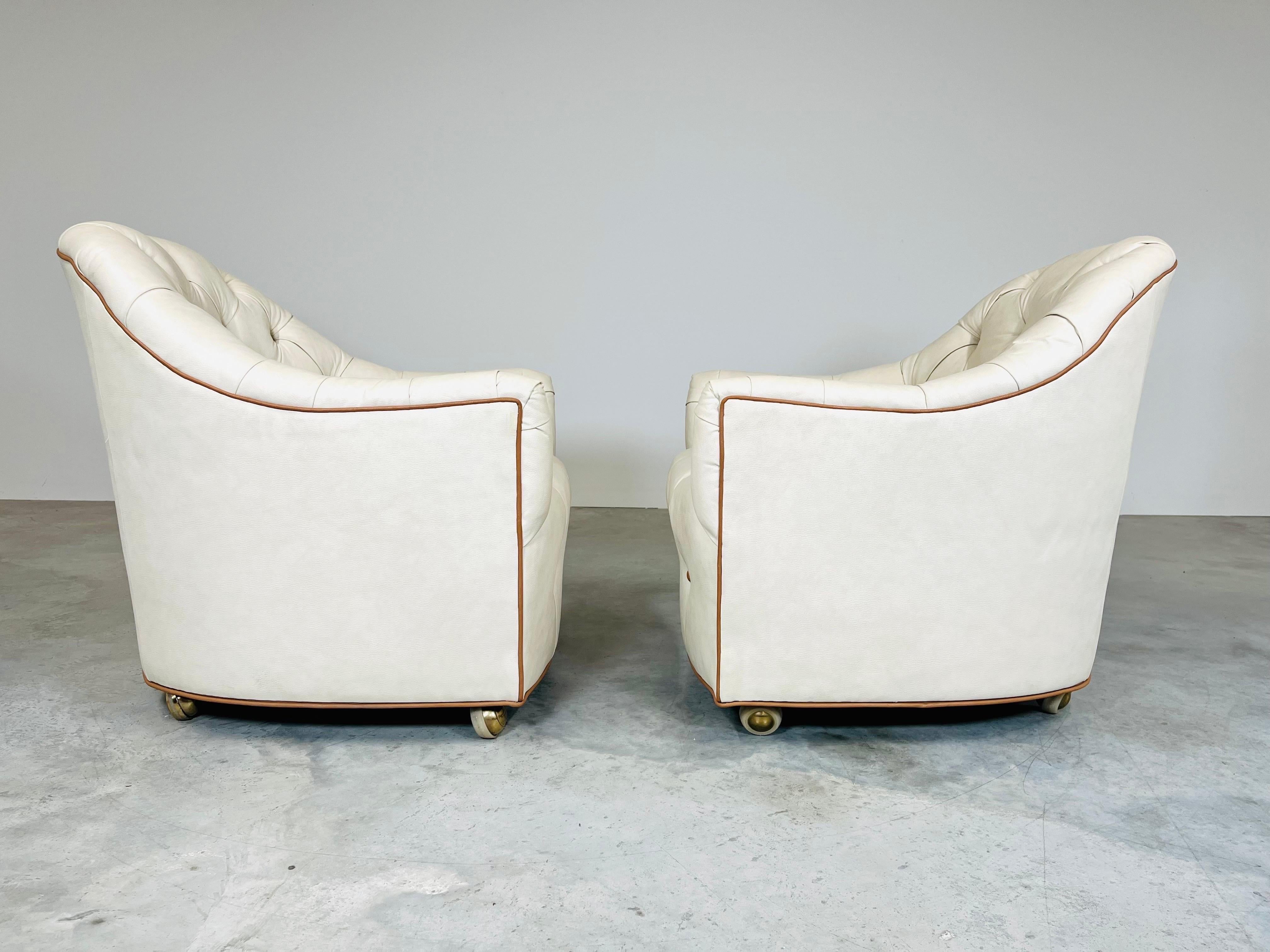 Mid-Century Modern 4 Leather Tufted Barrell Back Club Chairs on Ball Casters Attr. to Ward Bennett