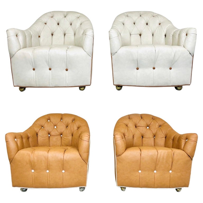 4 Leather Tufted Barrell Back Club Chairs on Ball Casters Attr. to Ward