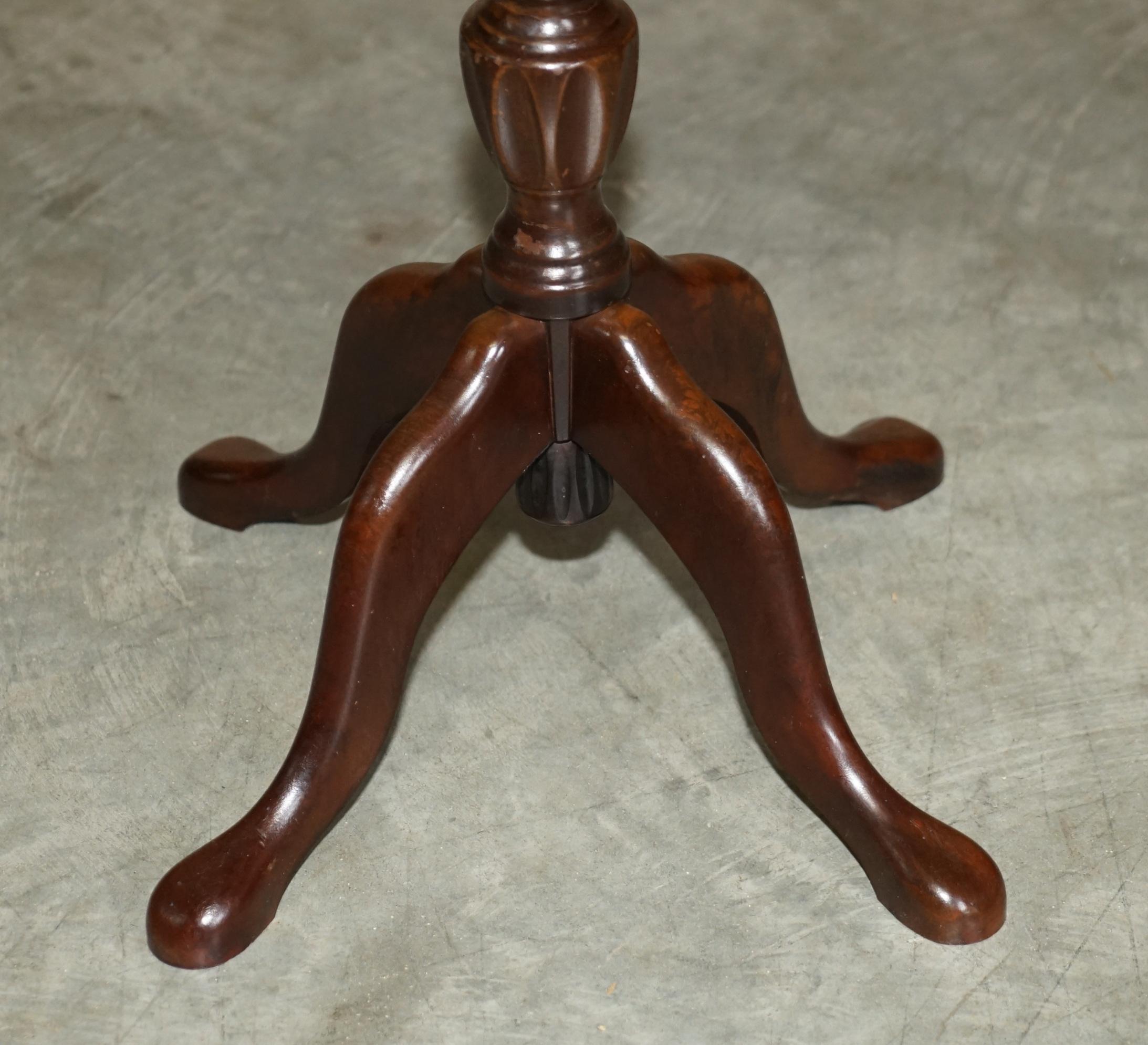Hand-Crafted 4 Legged Hardwood Pie Crust Edge Brown Leather Tripod Side End Lamp Wine Table For Sale