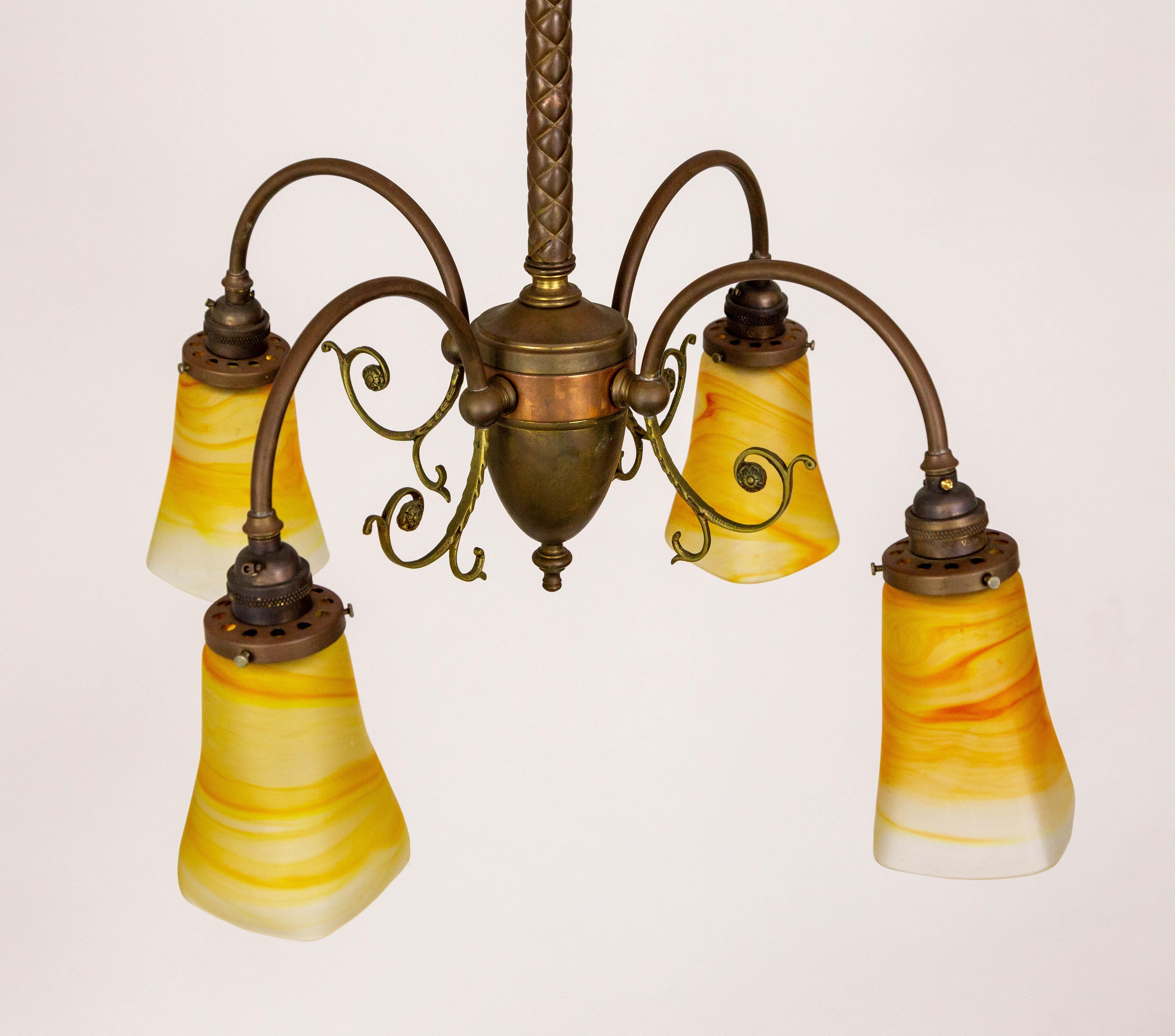 4-Light Brass Victorian Chandelier w/ Vianne Yellow-Orange Shades For Sale 6