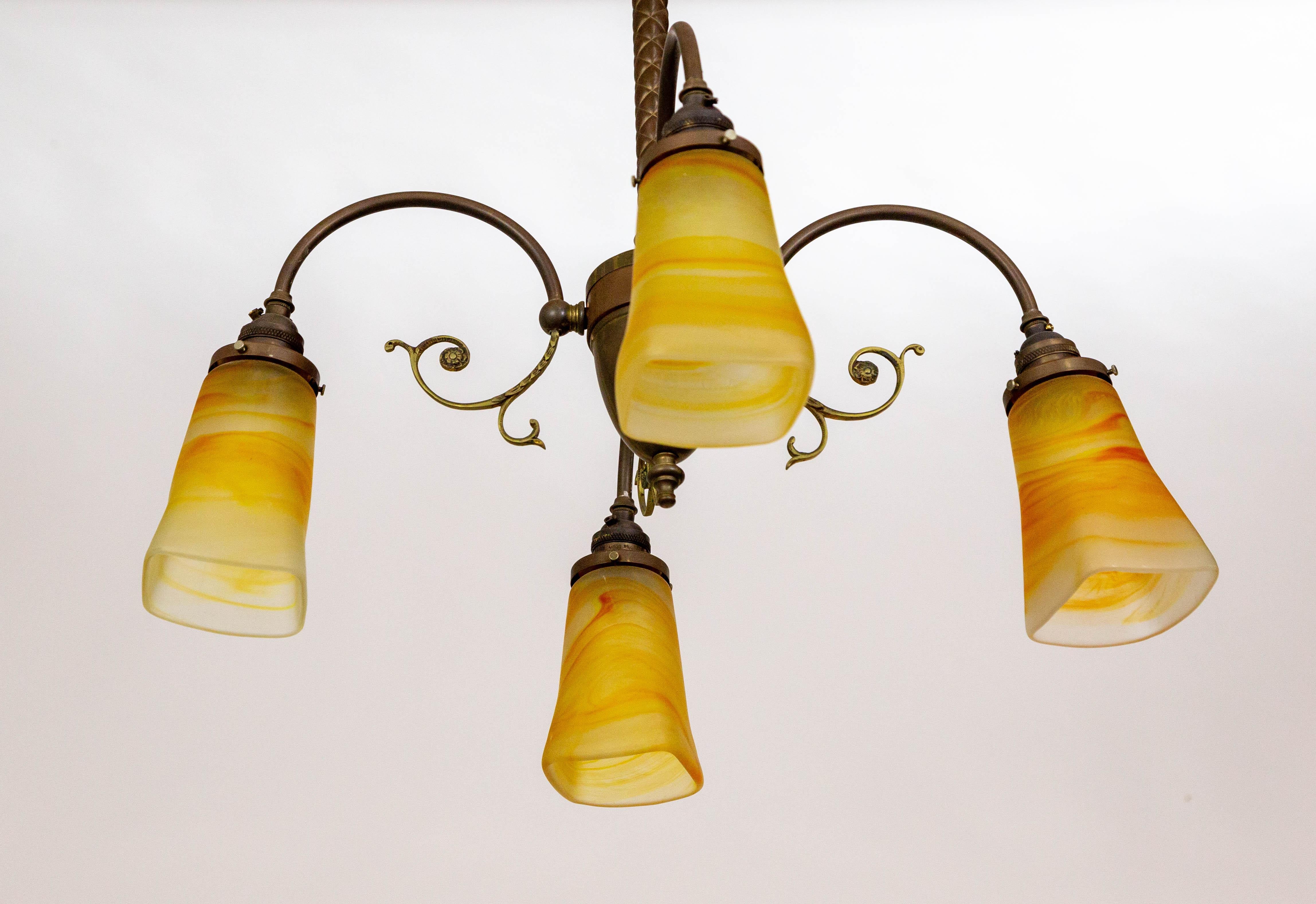 4-Light Brass Victorian Chandelier w/ Vianne Yellow-Orange Shades For Sale 7