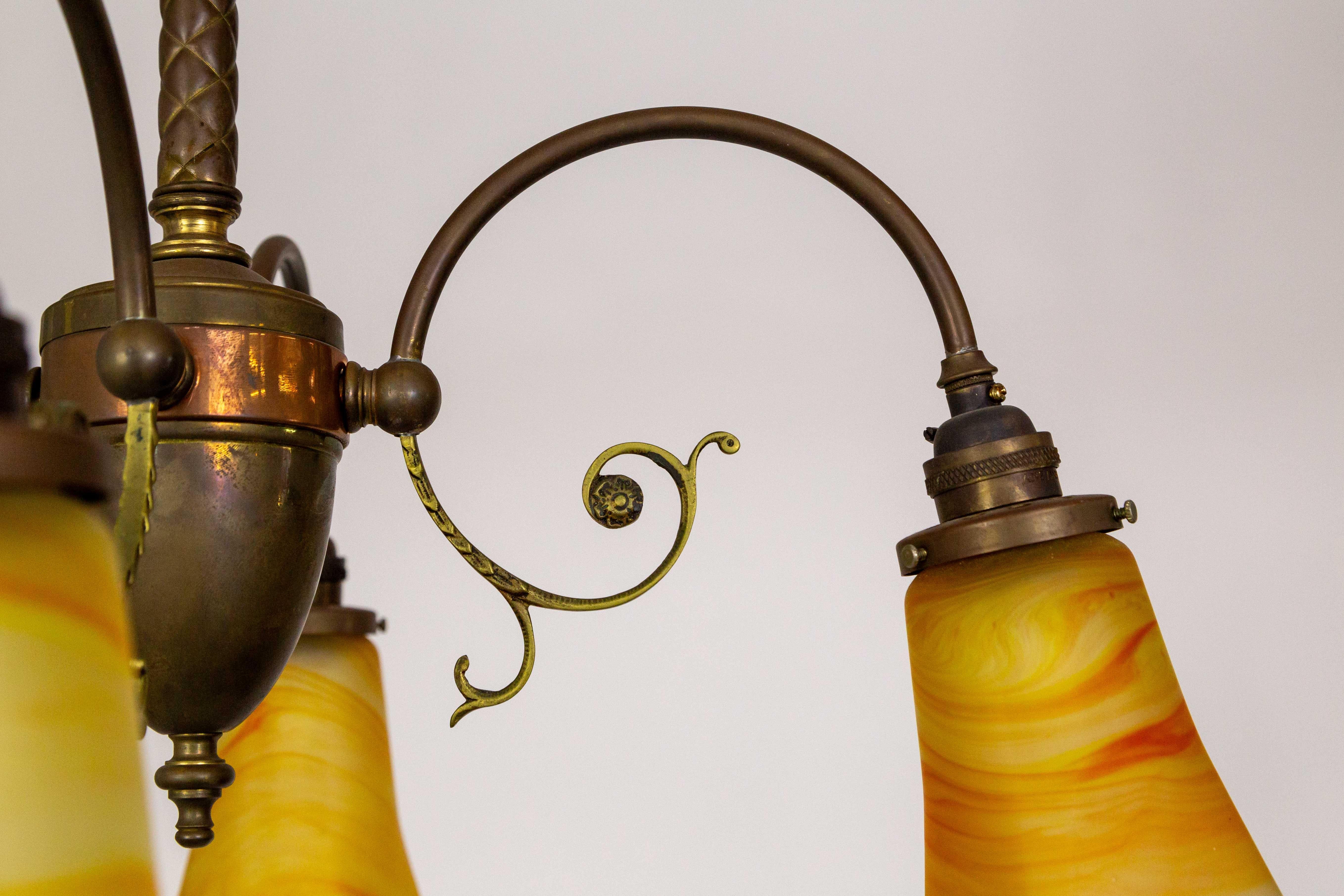 4-Light Brass Victorian Chandelier w/ Vianne Yellow-Orange Shades For Sale 8