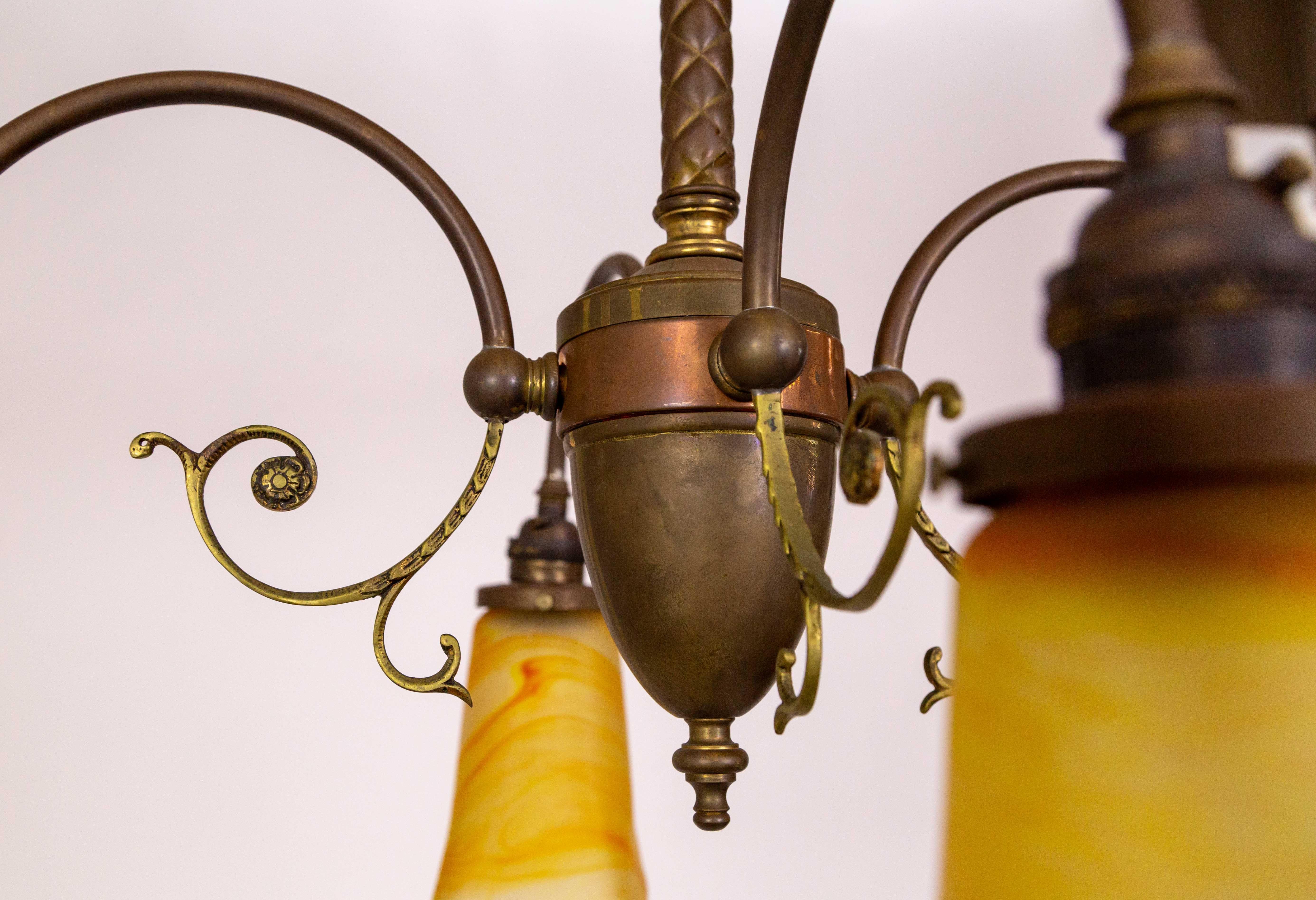 4-Light Brass Victorian Chandelier w/ Vianne Yellow-Orange Shades For Sale 9