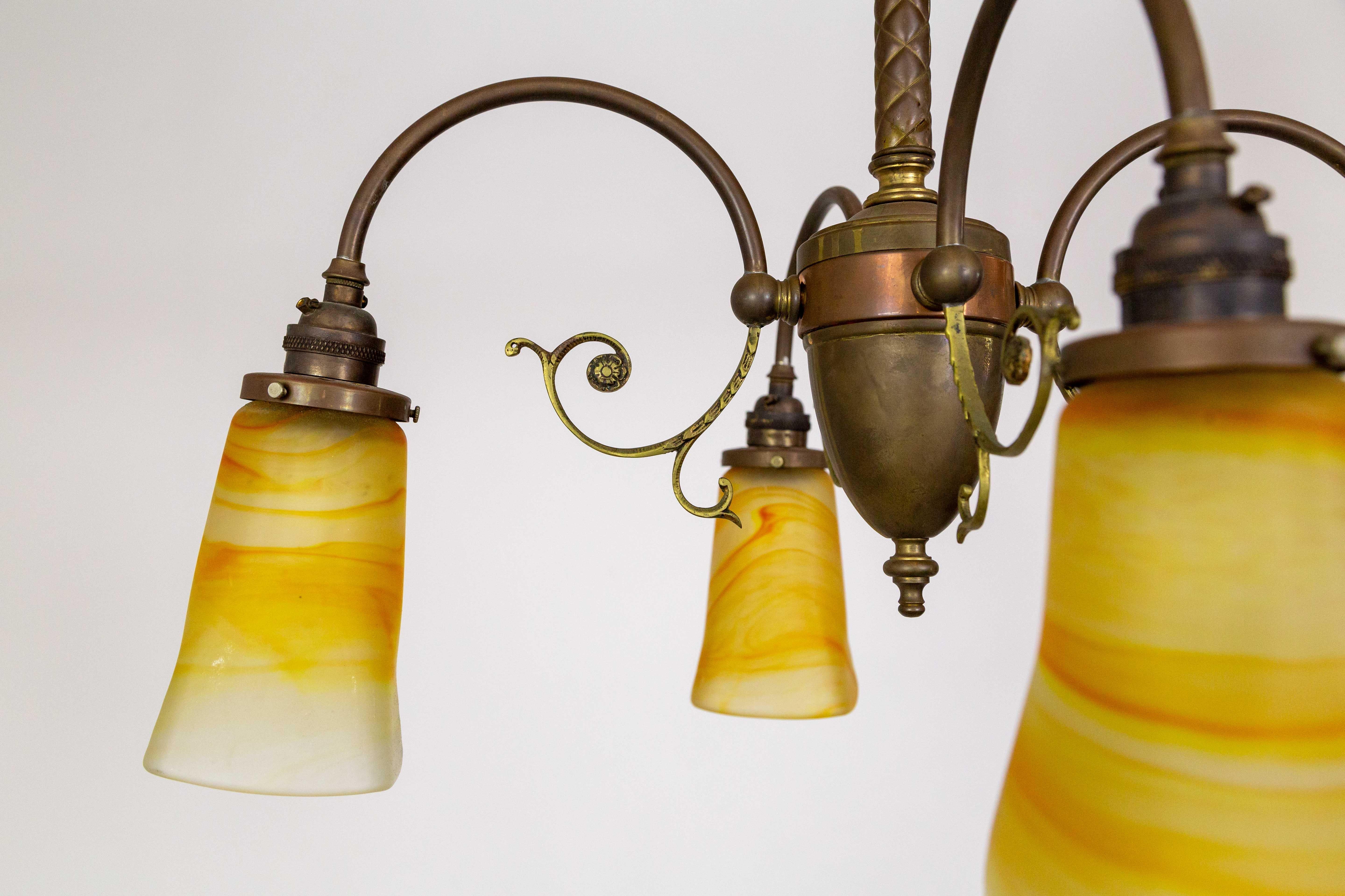 4-Light Brass Victorian Chandelier w/ Vianne Yellow-Orange Shades For Sale 10