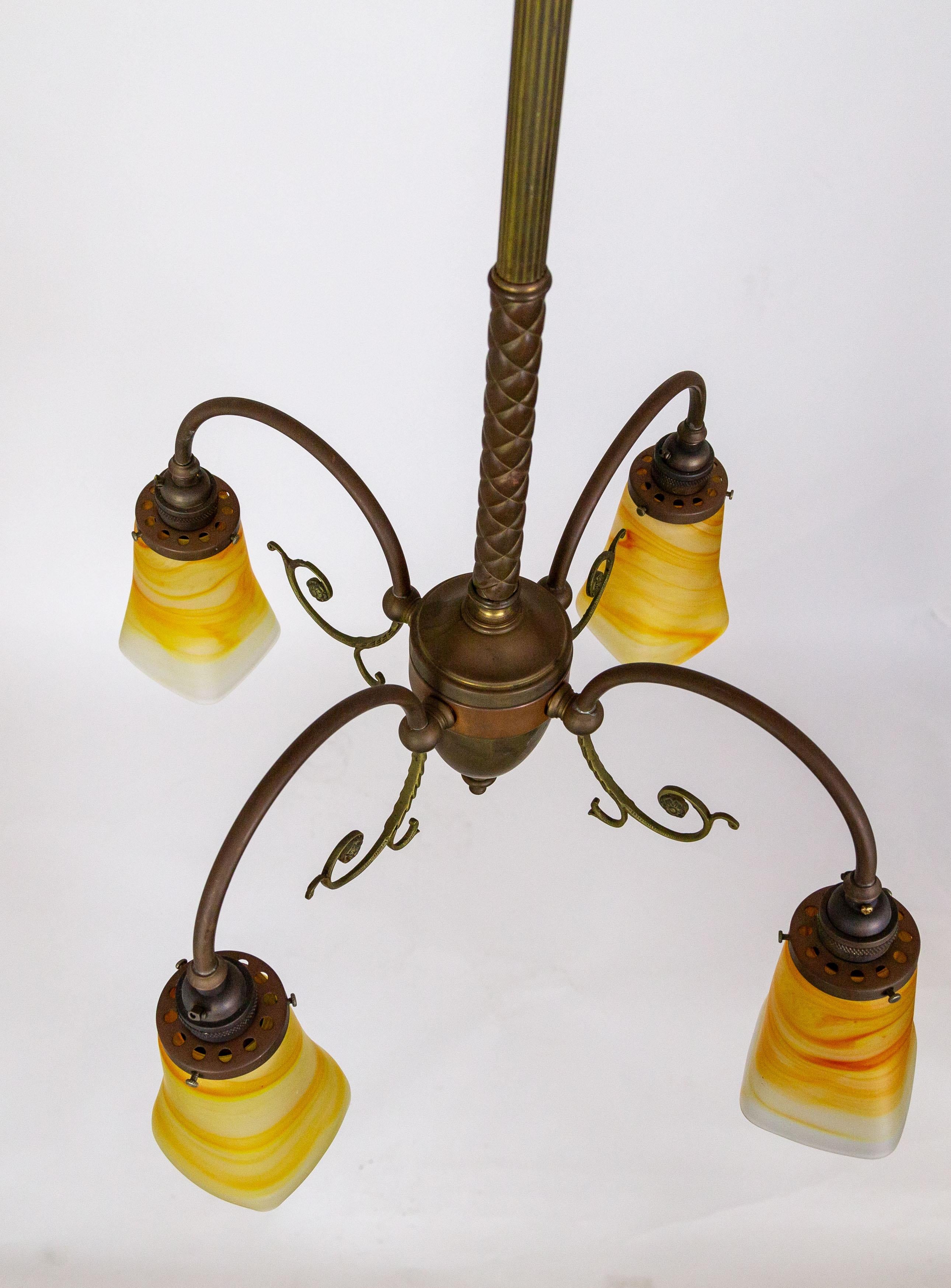 4-Light Brass Victorian Chandelier w/ Vianne Yellow-Orange Shades For Sale 1