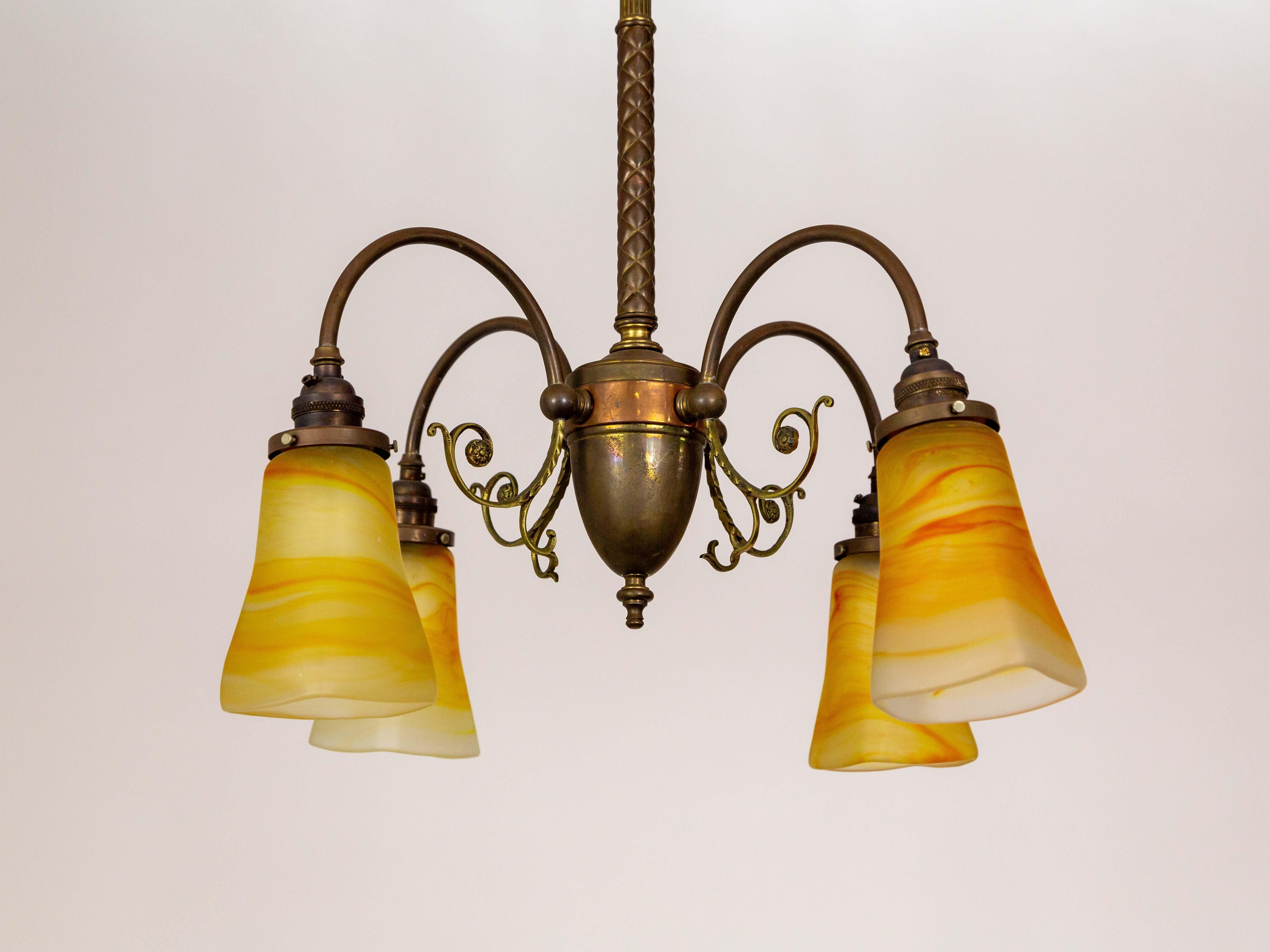 4-Light Brass Victorian Chandelier w/ Vianne Yellow-Orange Shades For Sale 2