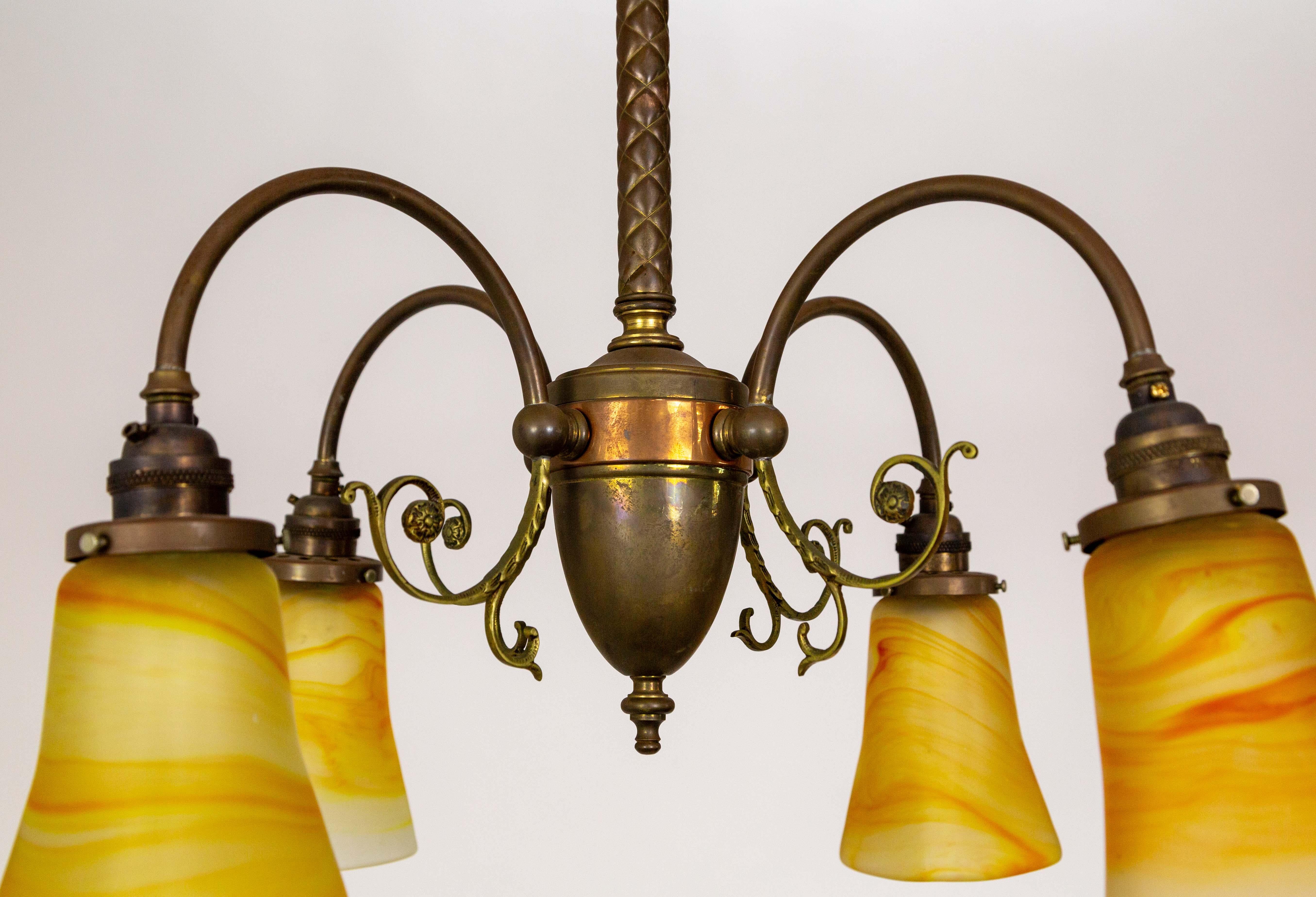 4-Light Brass Victorian Chandelier w/ Vianne Yellow-Orange Shades For Sale 3