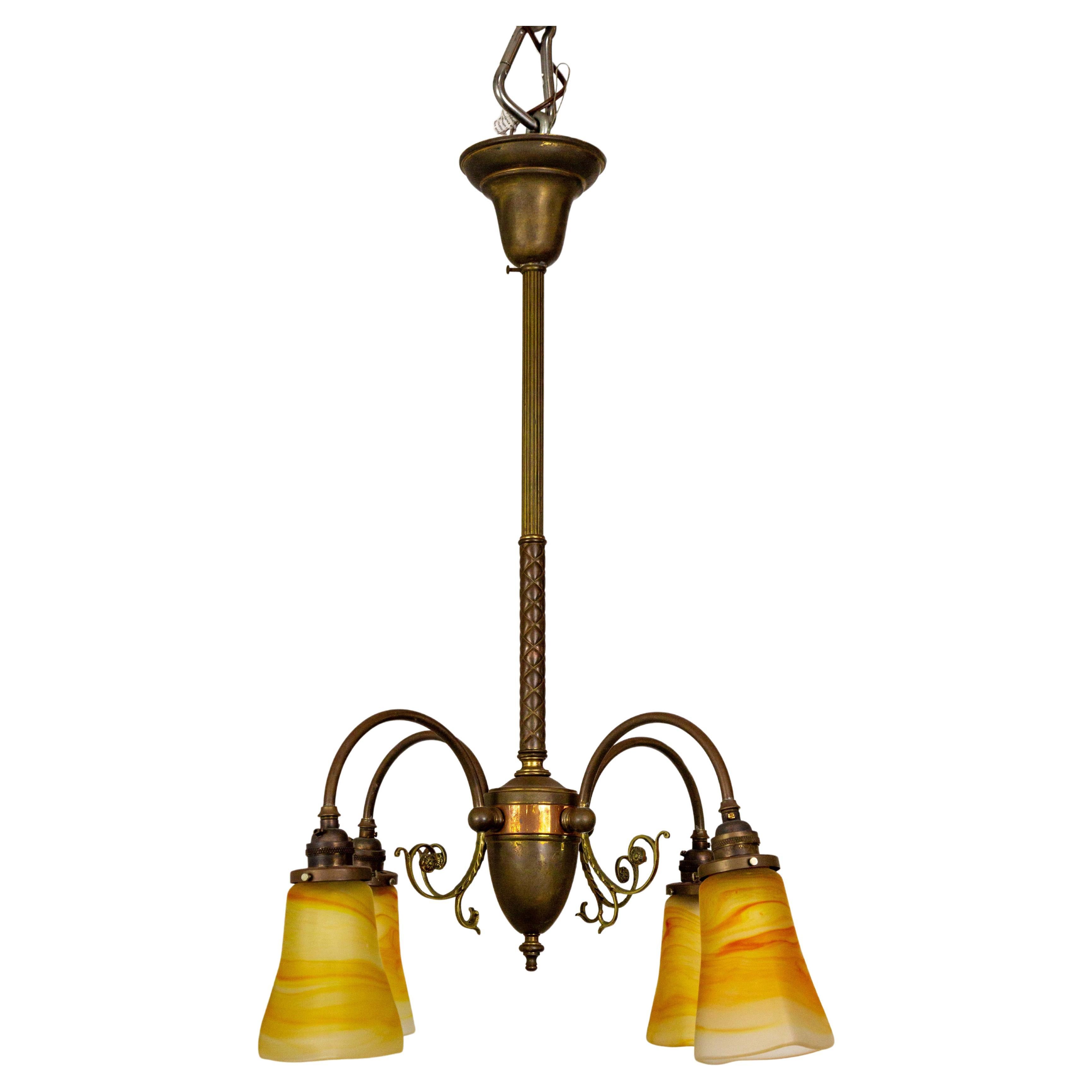 4-Light Brass Victorian Chandelier w/ Vianne Yellow-Orange Shades For Sale