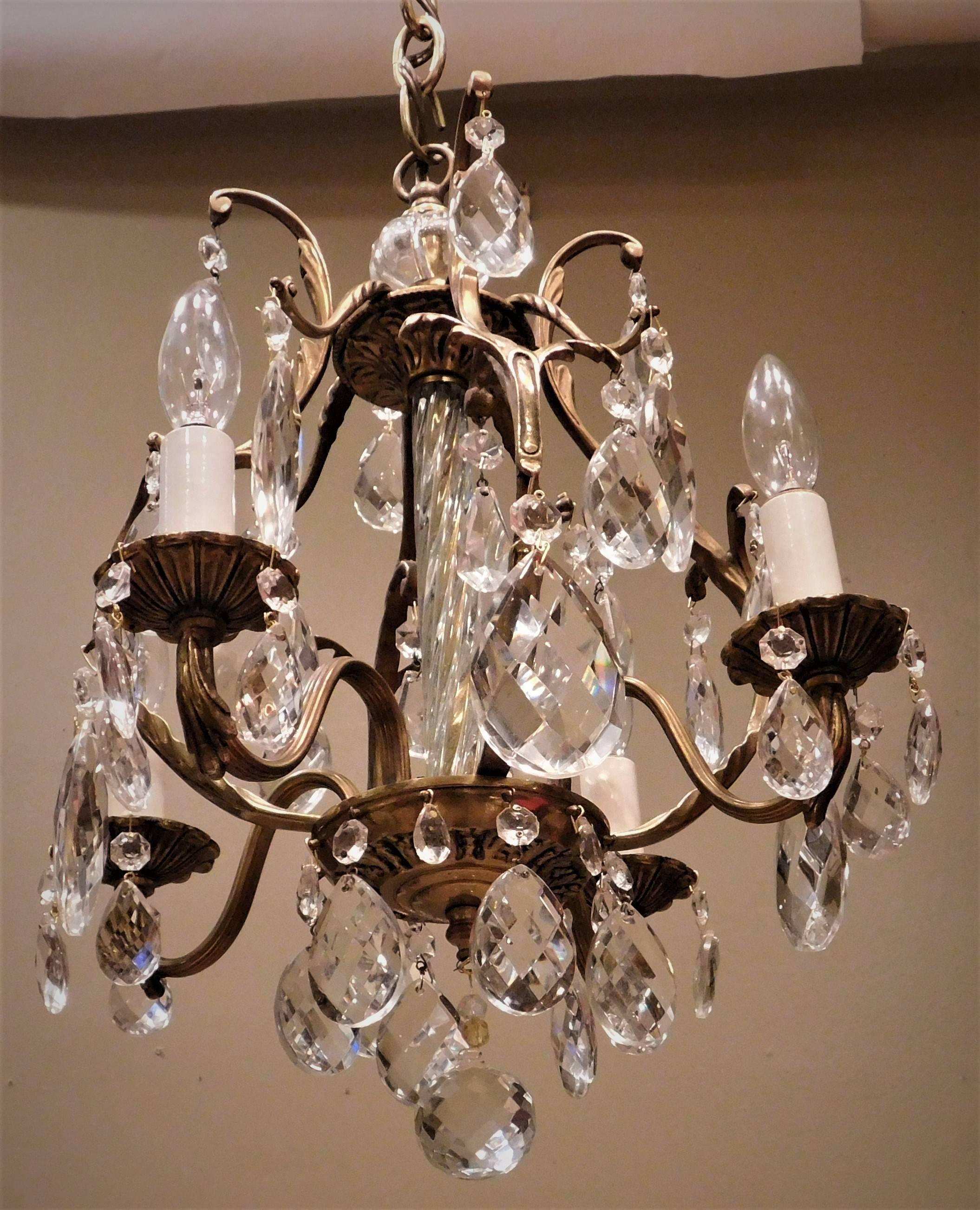 Swedish Four-Light Brass, Glass and Crystal Louis XV Style Chandelier Sweden, circa 1910