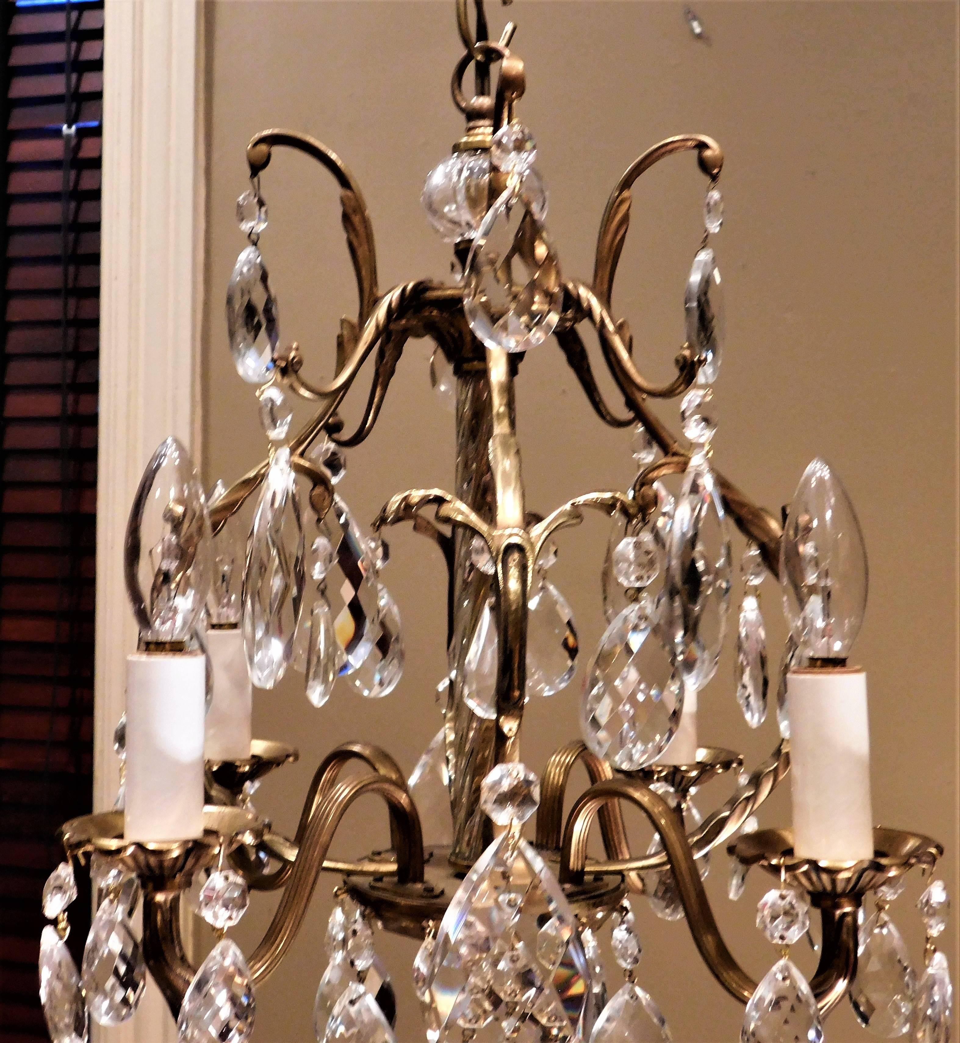20th Century Four-Light Brass, Glass and Crystal Louis XV Style Chandelier Sweden, circa 1910