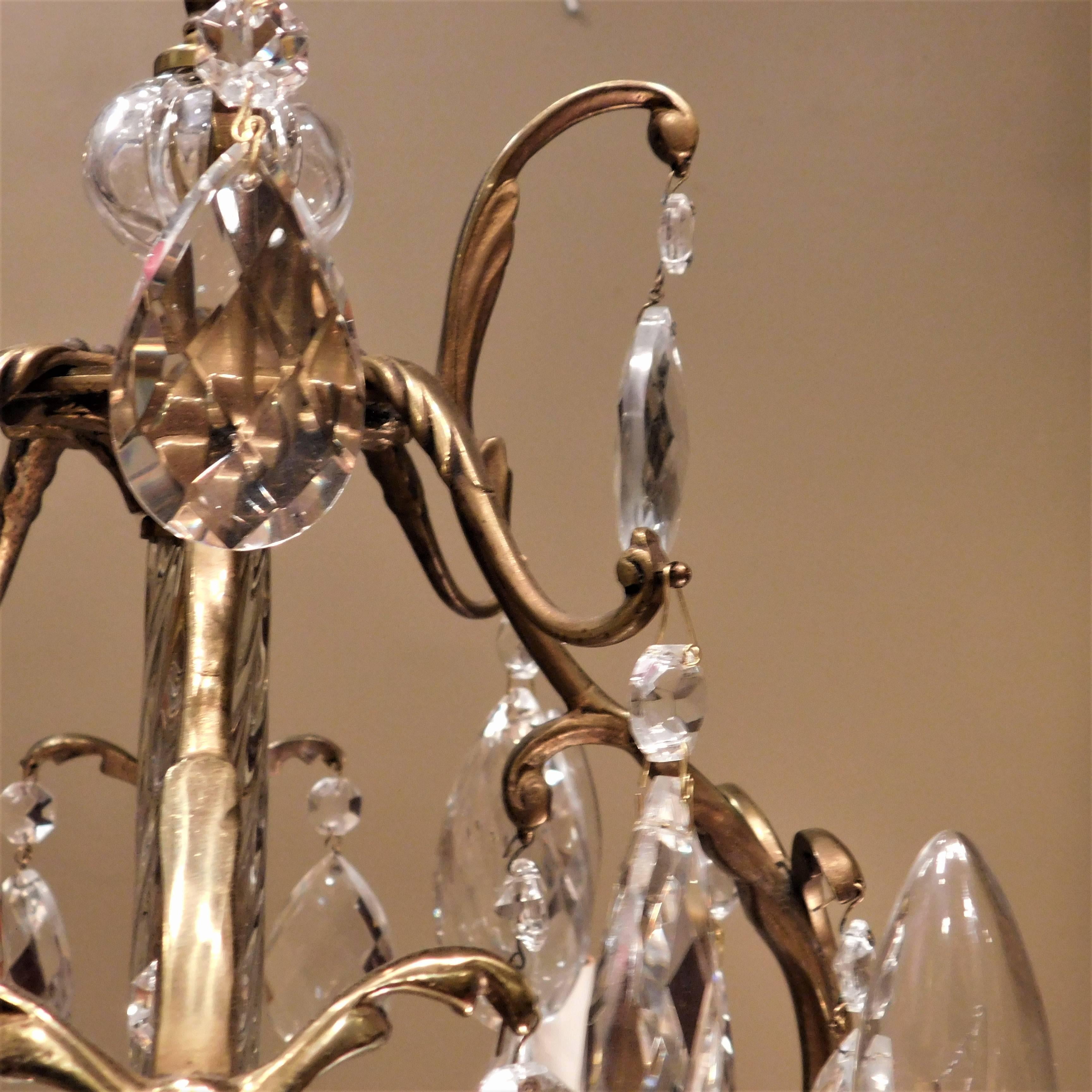 Four-Light Brass, Glass and Crystal Louis XV Style Chandelier Sweden, circa 1910 1