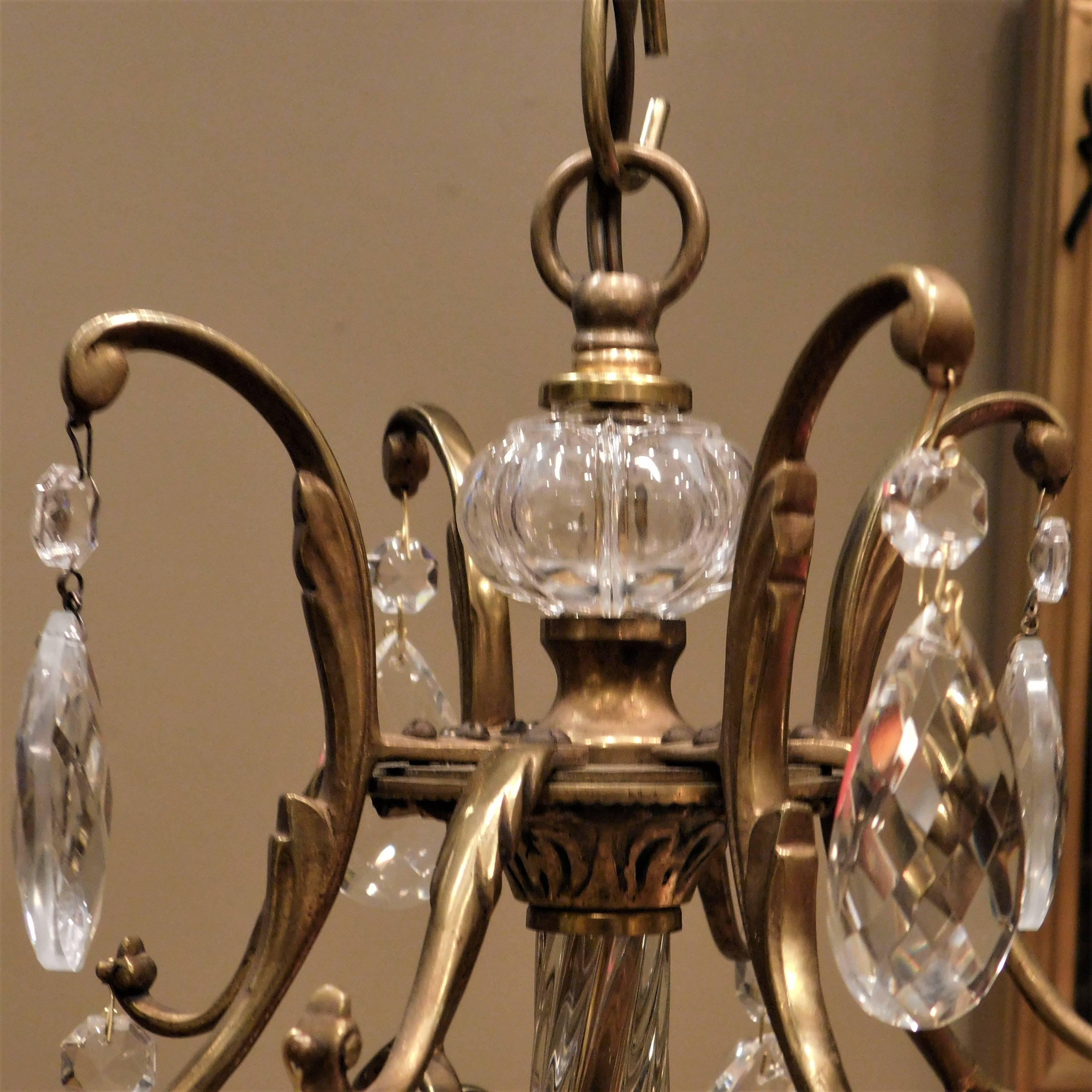 Four-Light Brass, Glass and Crystal Louis XV Style Chandelier Sweden, circa 1910 3