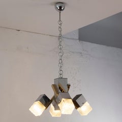 4-Light Chandelier with Glass Cubes, Chromed Metal & Geometric Structure, 1970s