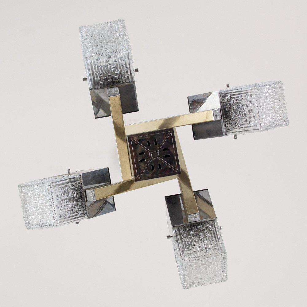 Plaqué Lustre à 4 lumières avec cubes en verre, métal chromé et structure géométrique, 1970 en vente