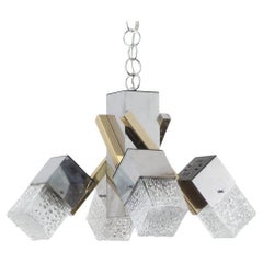 4-Light Chandelier with Glass Cubes, Chromed Metal & Geometric Structure, 1970s
