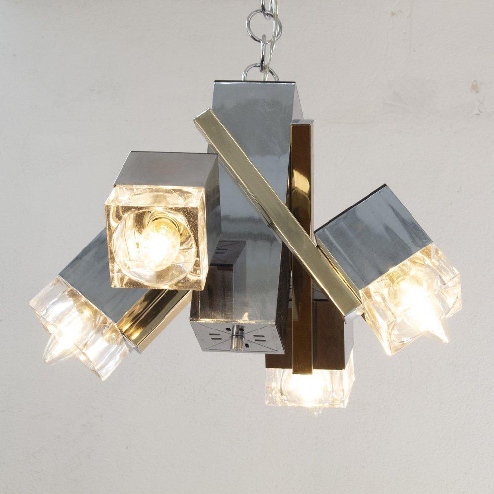 Plaqué Lustre italien à 4 lumières Cubes en verre, ère spatiale des années 70 par Gaetano Sciolari en vente