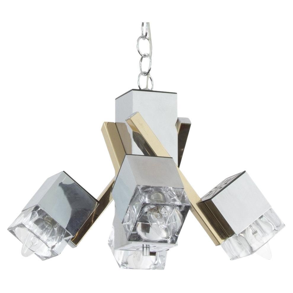 4-Light italian Chandelier Glass Cubes, Space Age from 70s by Gaetano Sciolari