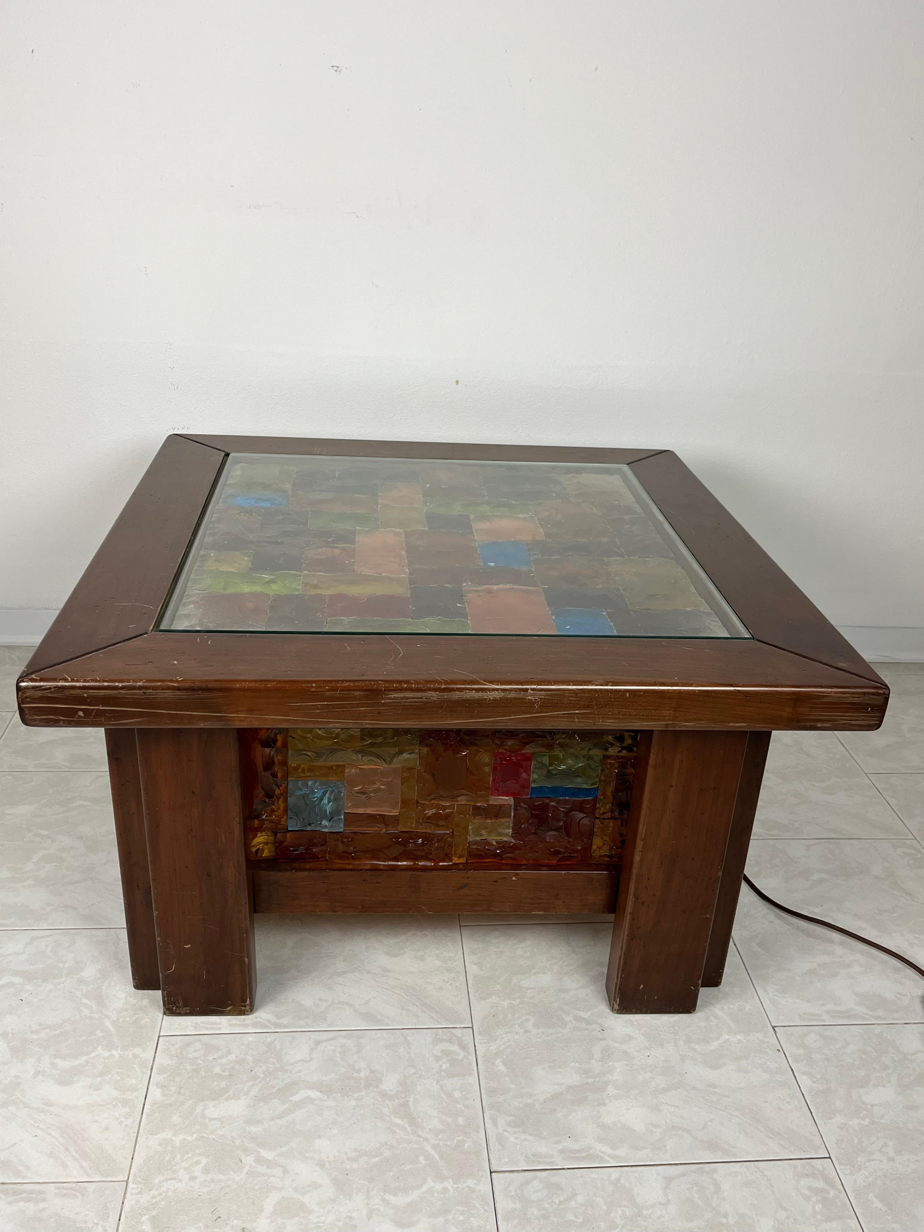 Italian 4-Light Coffee Table in Wood and Multicolor Mosaic Glass, Italy, 1980s For Sale
