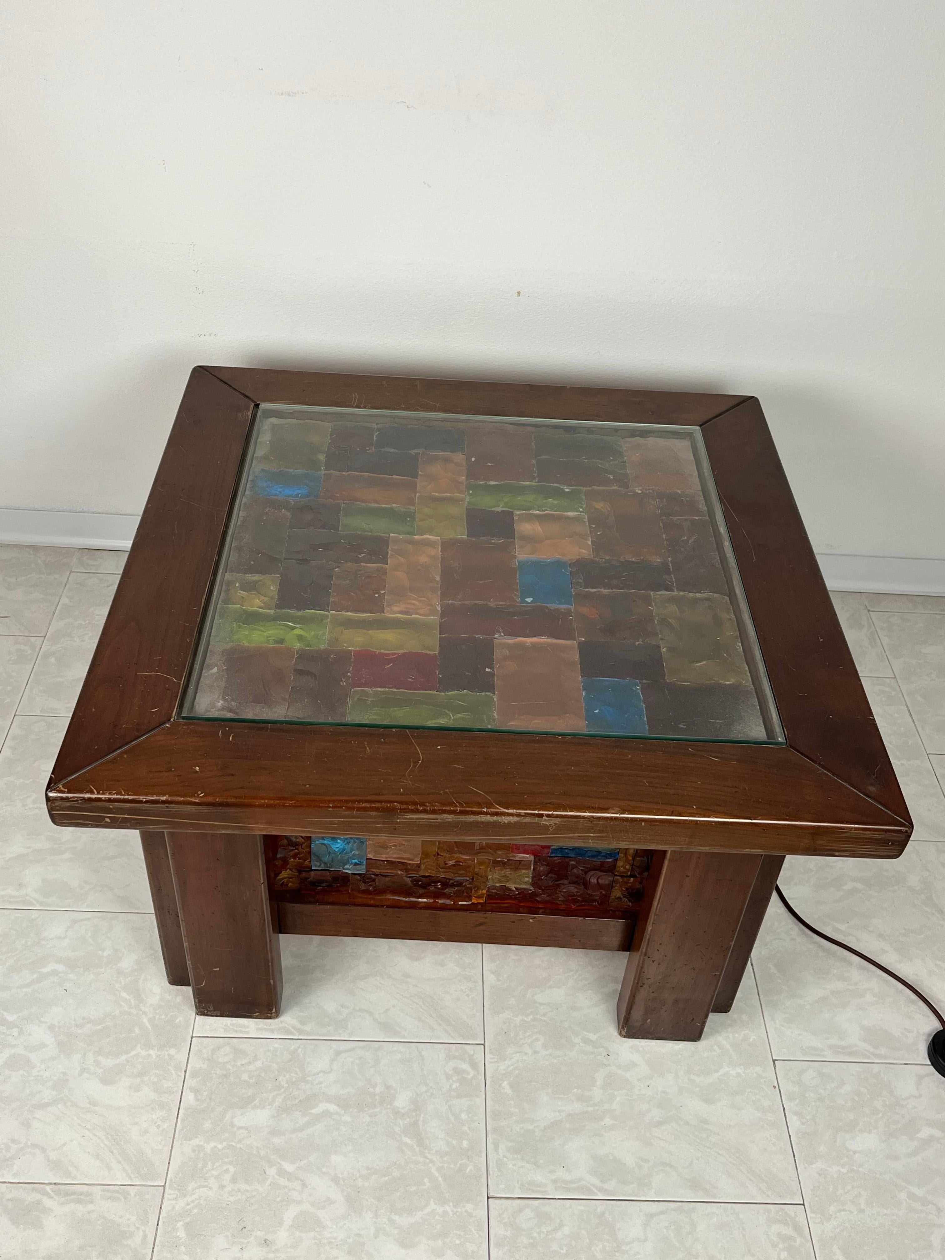 4-Light Coffee Table in Wood and Multicolor Mosaic Glass, Italy, 1980s In Good Condition For Sale In Palermo, IT