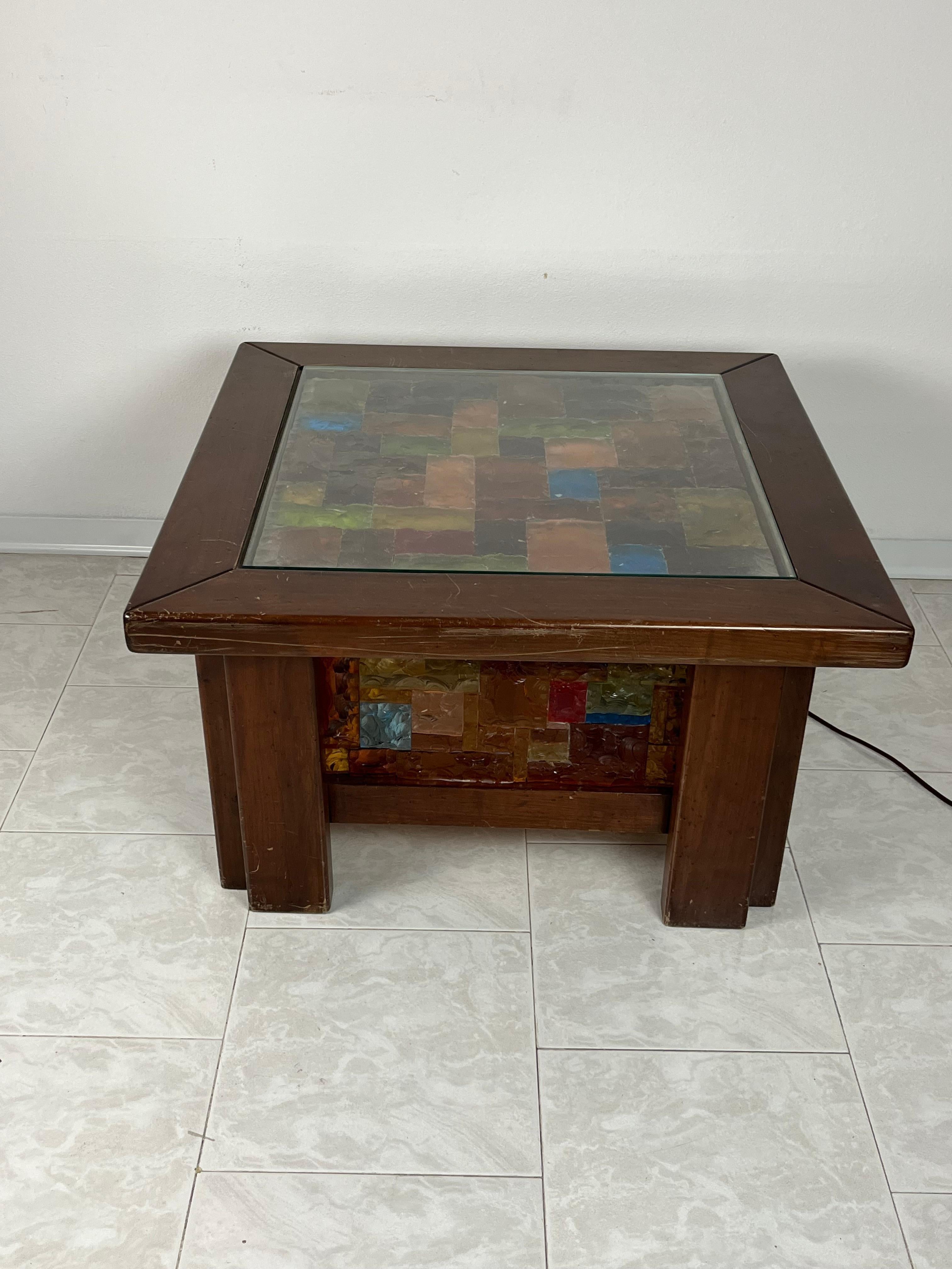 Late 20th Century 4-Light Coffee Table in Wood and Multicolor Mosaic Glass, Italy, 1980s For Sale