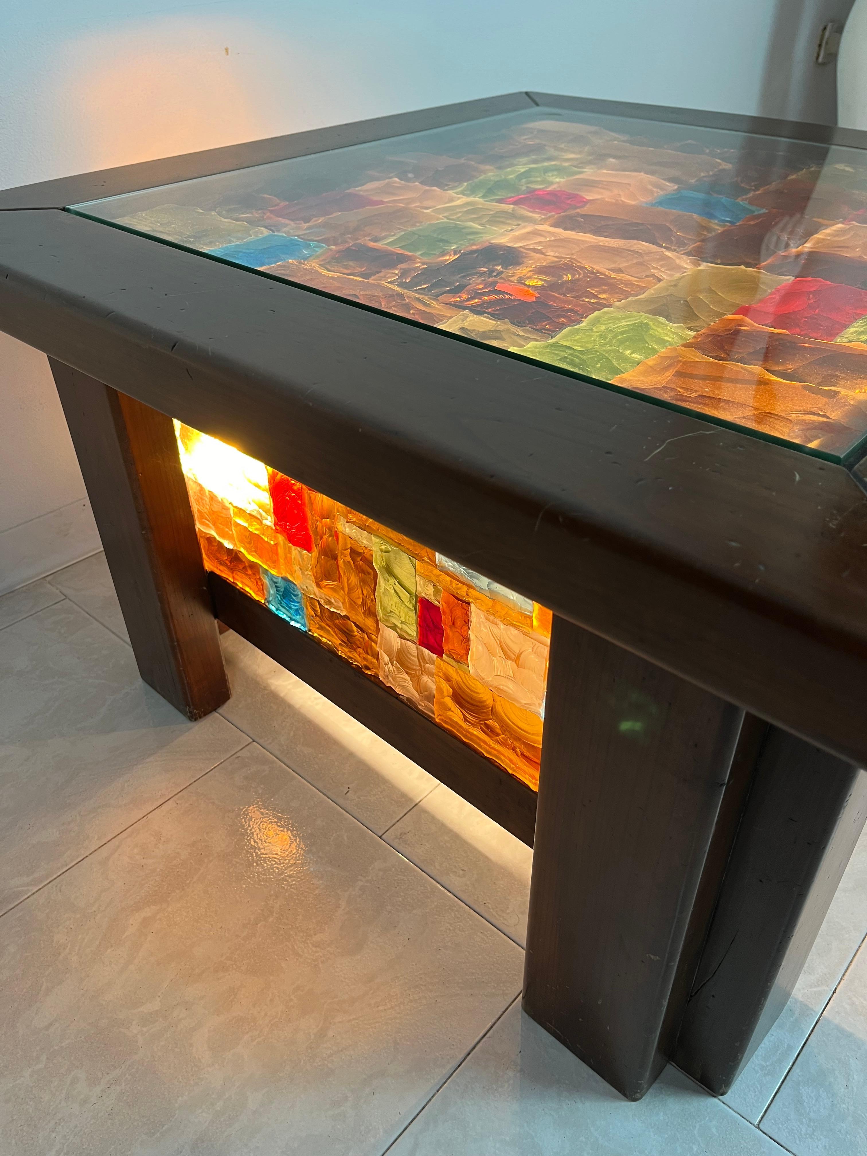 Art Glass 4-Light Coffee Table in Wood and Multicolor Mosaic Glass, Italy, 1980s For Sale