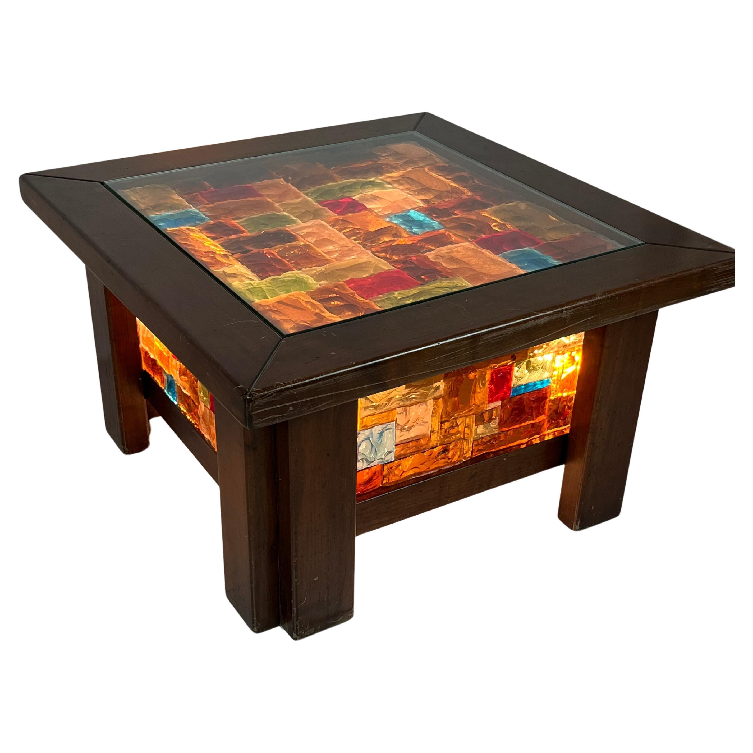 4-Light Coffee Table in Wood and Multicolor Mosaic Glass, Italy, 1980s For Sale