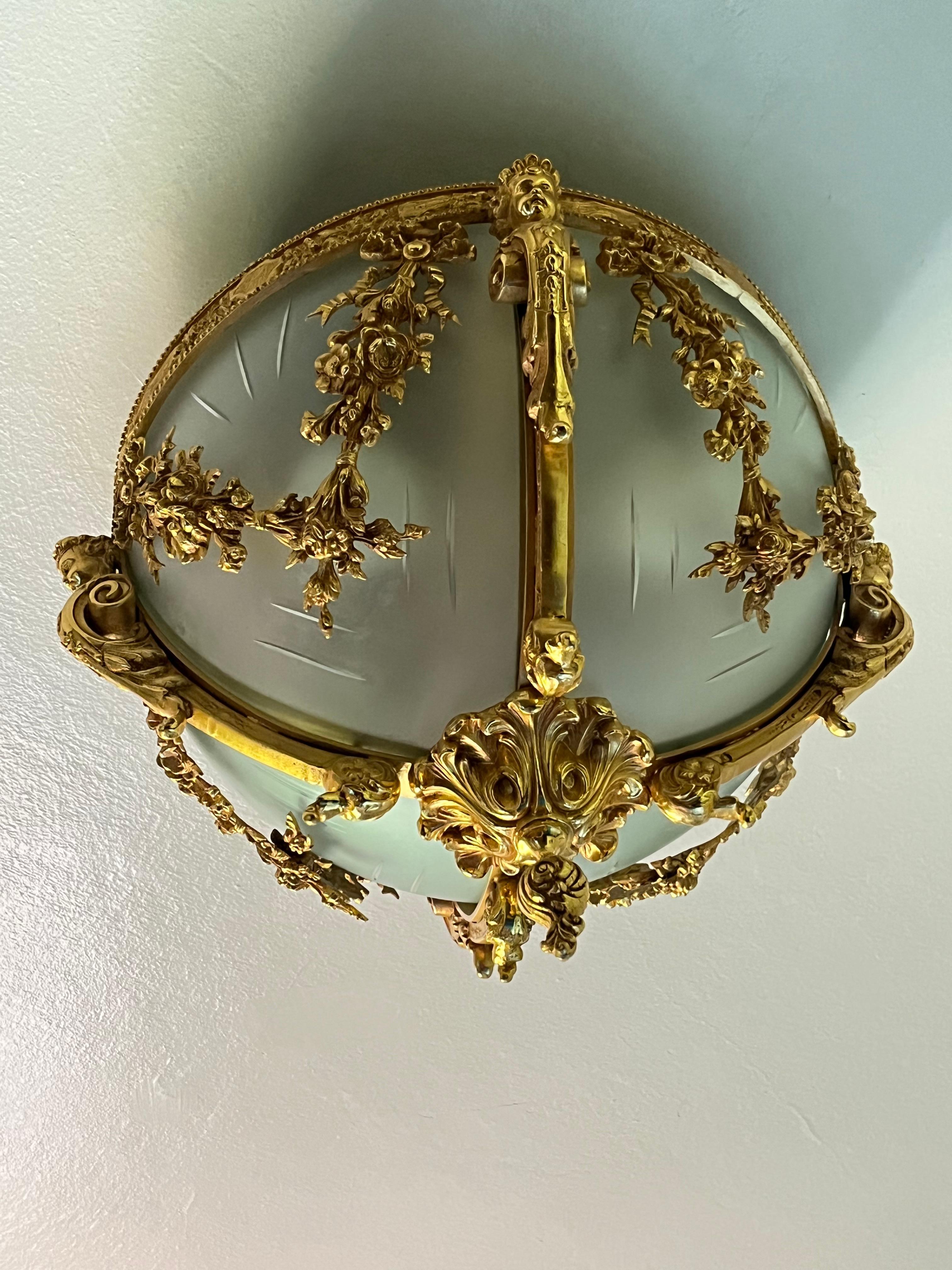 Italian 4-Light Glass and Brass Ceiling Light, Italy, 1980s For Sale