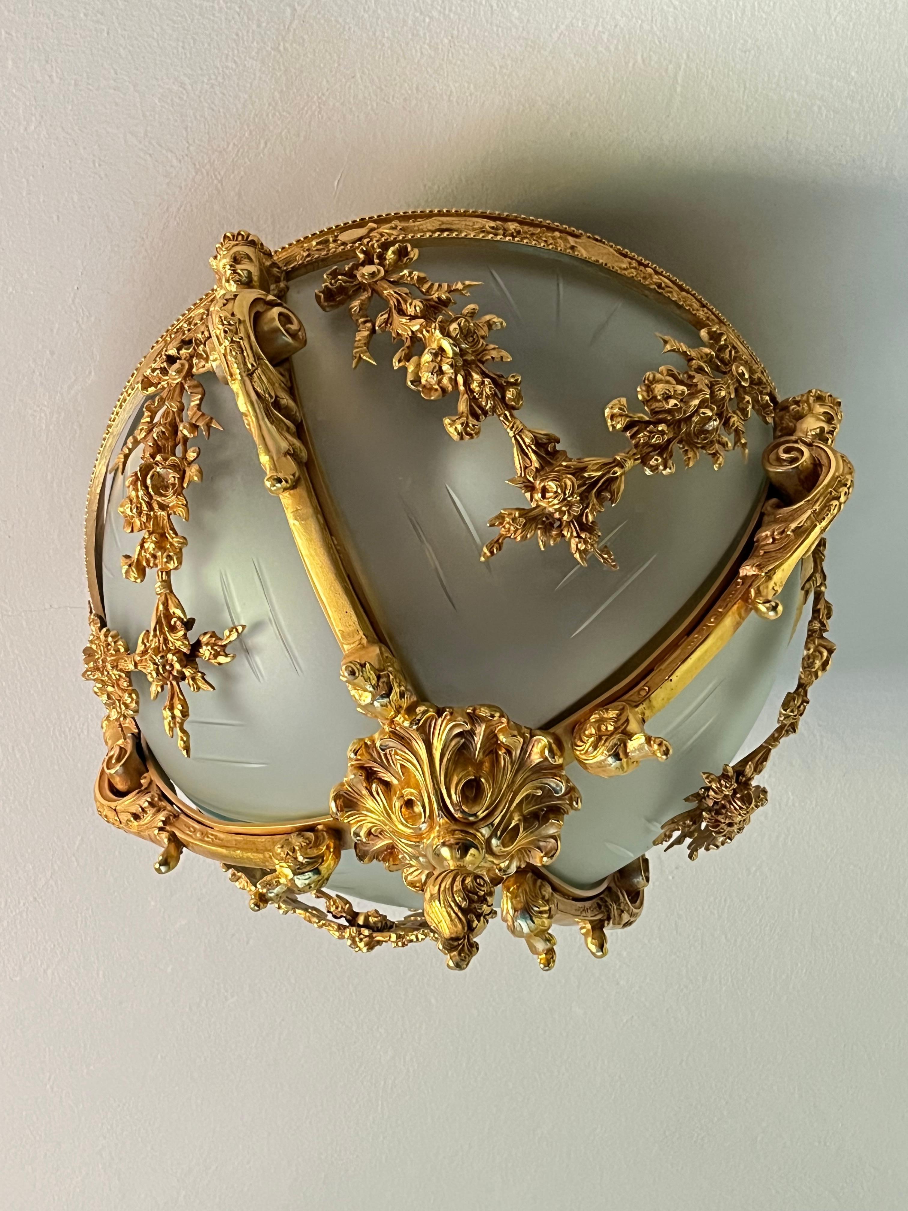 Other 4-Light Glass and Brass Ceiling Light, Italy, 1980s For Sale