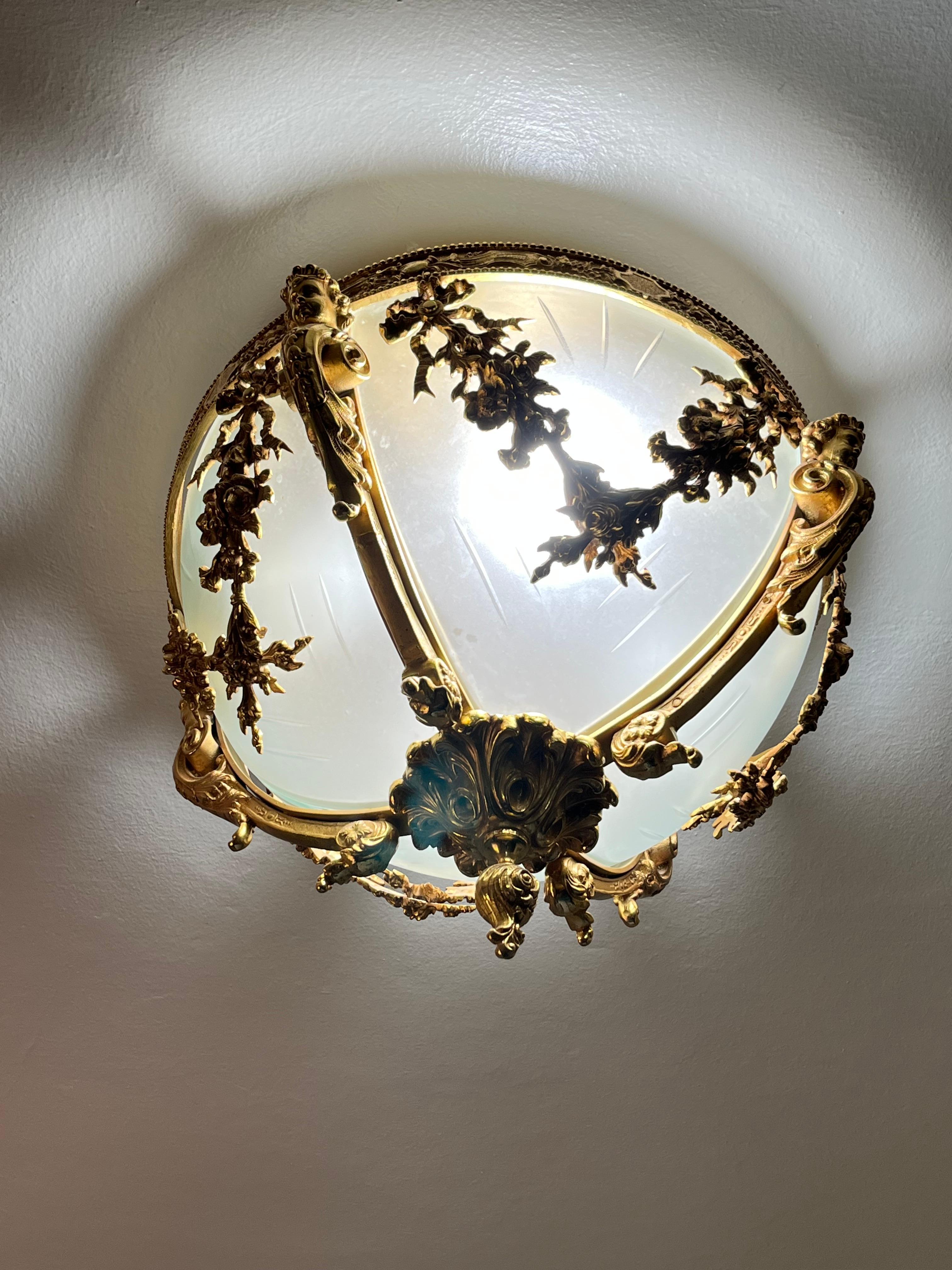 Late 20th Century 4-Light Glass and Brass Ceiling Light, Italy, 1980s For Sale