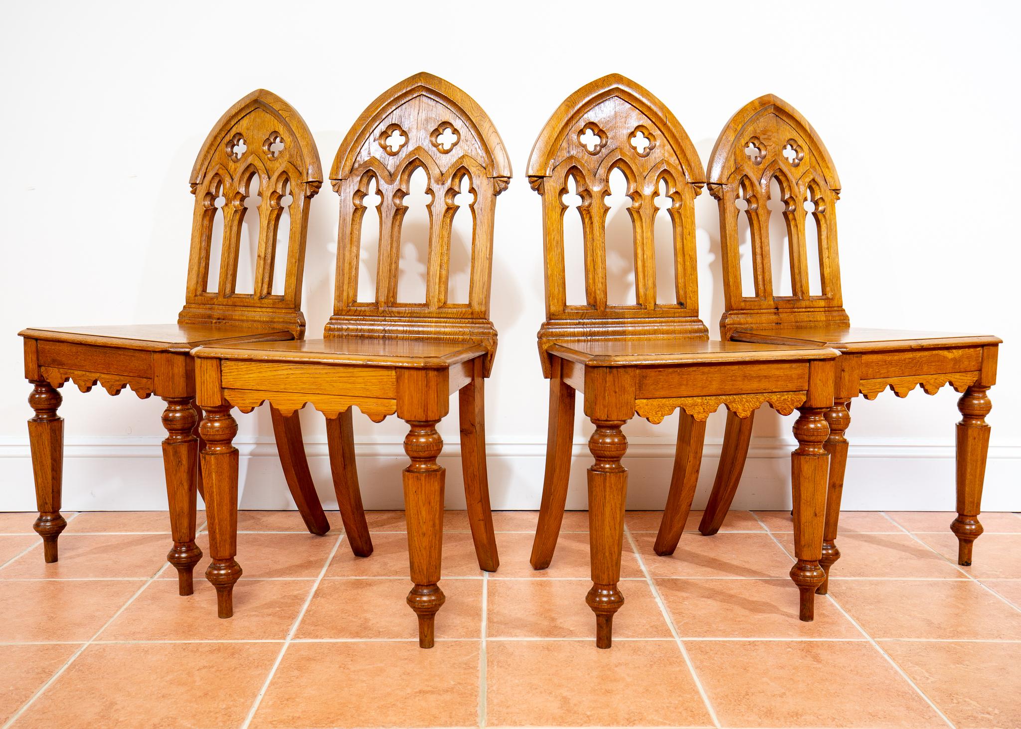 4 Light Golden Oak Hallway Dining Chairs Gothic Steeple Back Antique Pugin Style For Sale 3