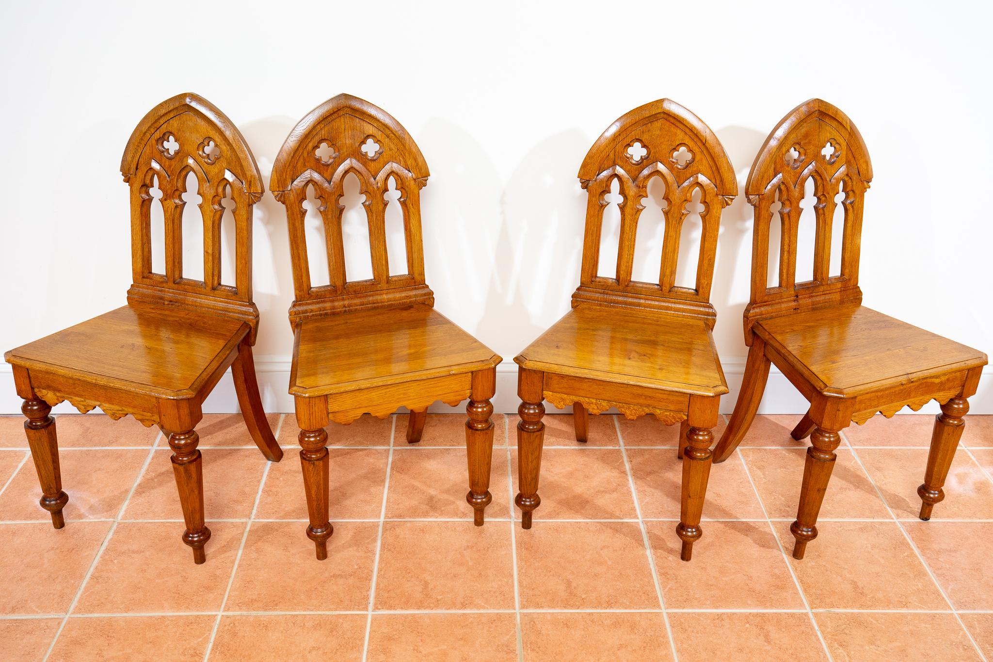 4 Light Golden Oak Hallway Dining Chairs Gothic Steeple Back Antique Pugin Style For Sale 4