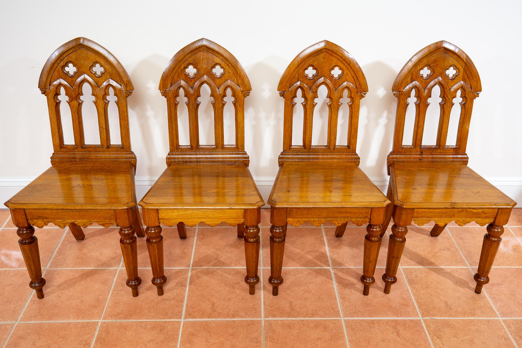 4 Light Golden Oak Hallway Dining Chairs Gothic Steeple Back Antique Pugin Style For Sale 5