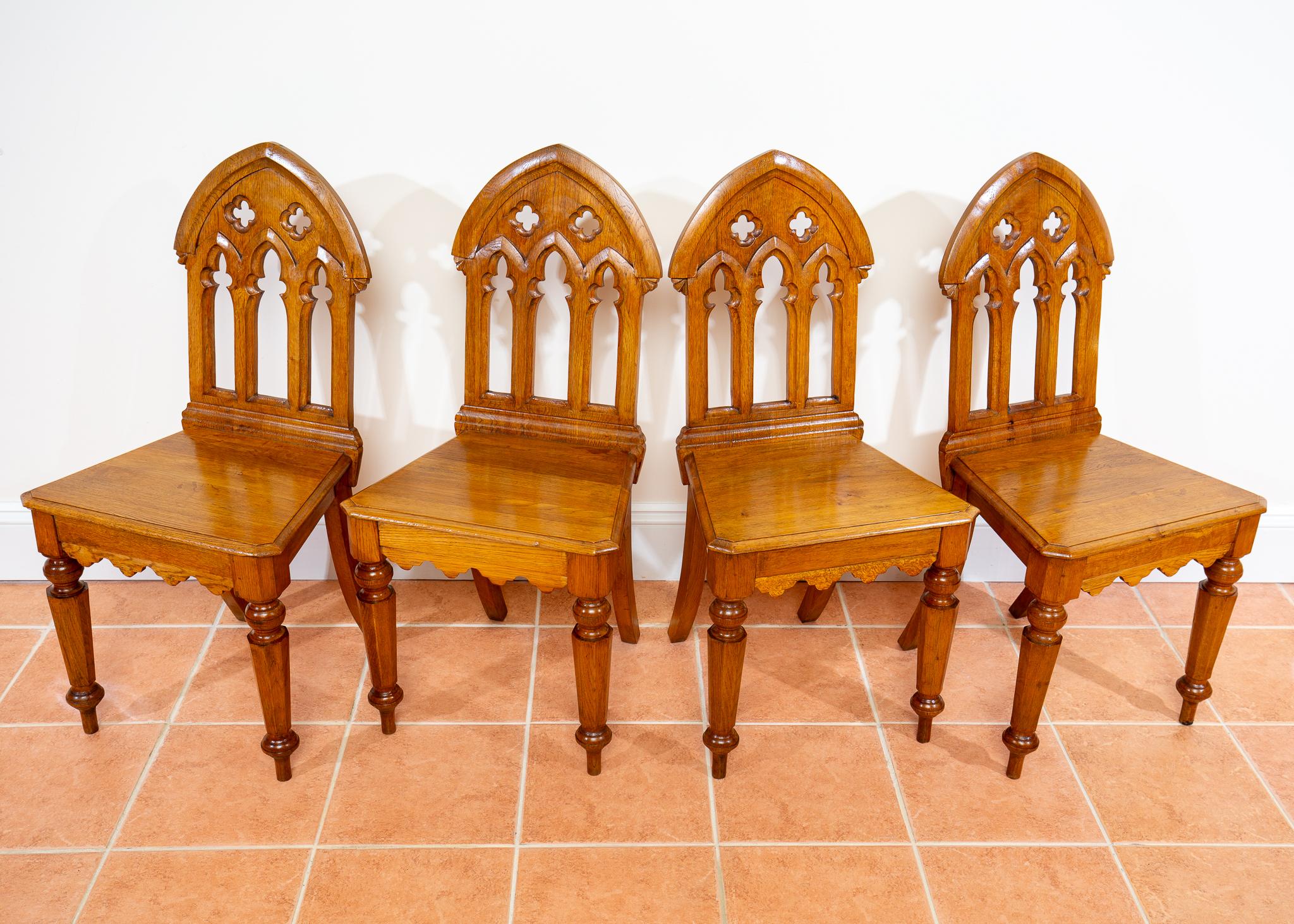 4 Light Golden Oak Hallway Dining Chairs Gothic Steeple Back Antique Pugin Style For Sale 6